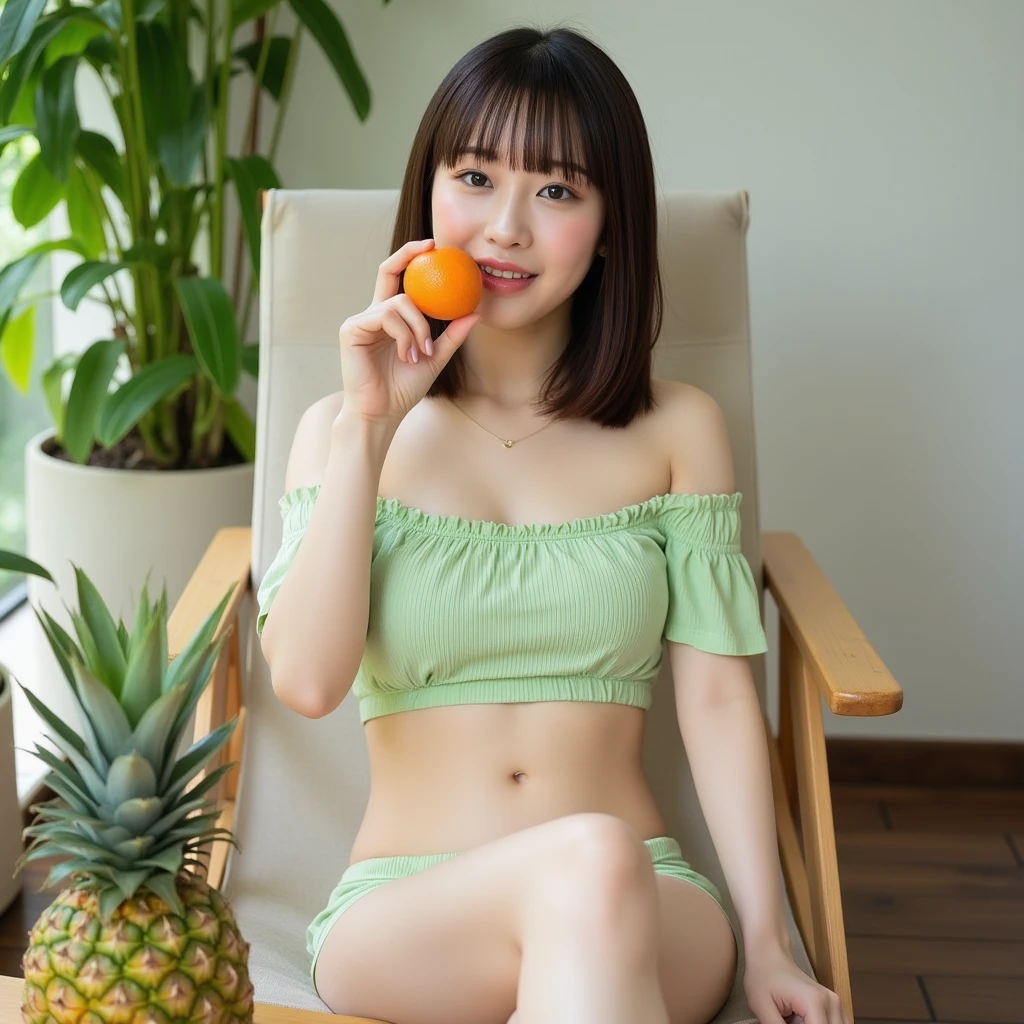 masterpiece、超High definition、great work、An 18-year-old girl with a very cute, idol-like face and a youthful appearance.、Gentle and cute、A kind smile、In underwear、Drinking orange juice in the dining room、larger bust、Whole body、Raw photo、Real、Artistic、Genuine、High definition、Leica 50 mm prime lens、Cinesteel 800T Film、Real Life、No copyright notice