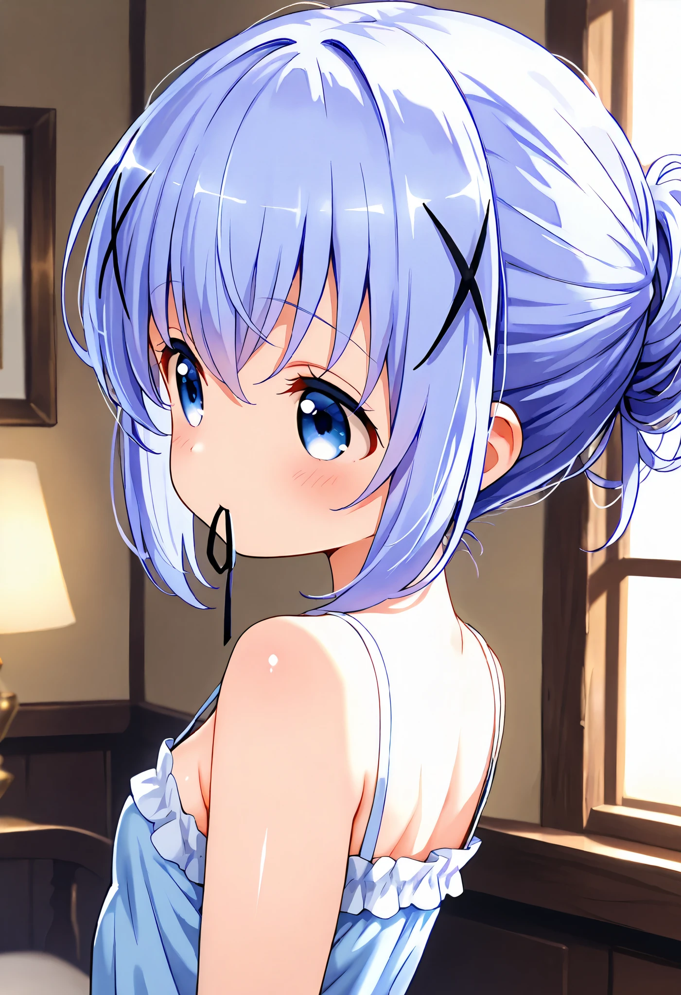 Hair up, nape of the neck, hair clip in mouth ,1girl,(li), camisole,kafuu chino, (petite),very cute ,small breasts,Original style, Very high quality, soft to the touch, beautiful,super detailed skin, high resolution, novel illustration, shiny skin,in gochuumon wa usagi desu ka? Style