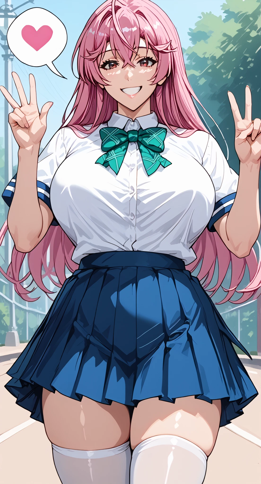score_9, score_8_up, score_7_up, BREAK source_anime,best quality, masterpiece,anime screencap,source_anime,(ai-generated:0.8),

best quality, very aesthetic,absurdres,

otmn,

1girl,solo,

pink hair,

large breasts,

smile,happy,v,

 white shirt,school uniform,short sleeves, red colored pleated skirt, green colored bowtie, white thighhighs, 

spoken heart, 

standing,waving, 

in school,