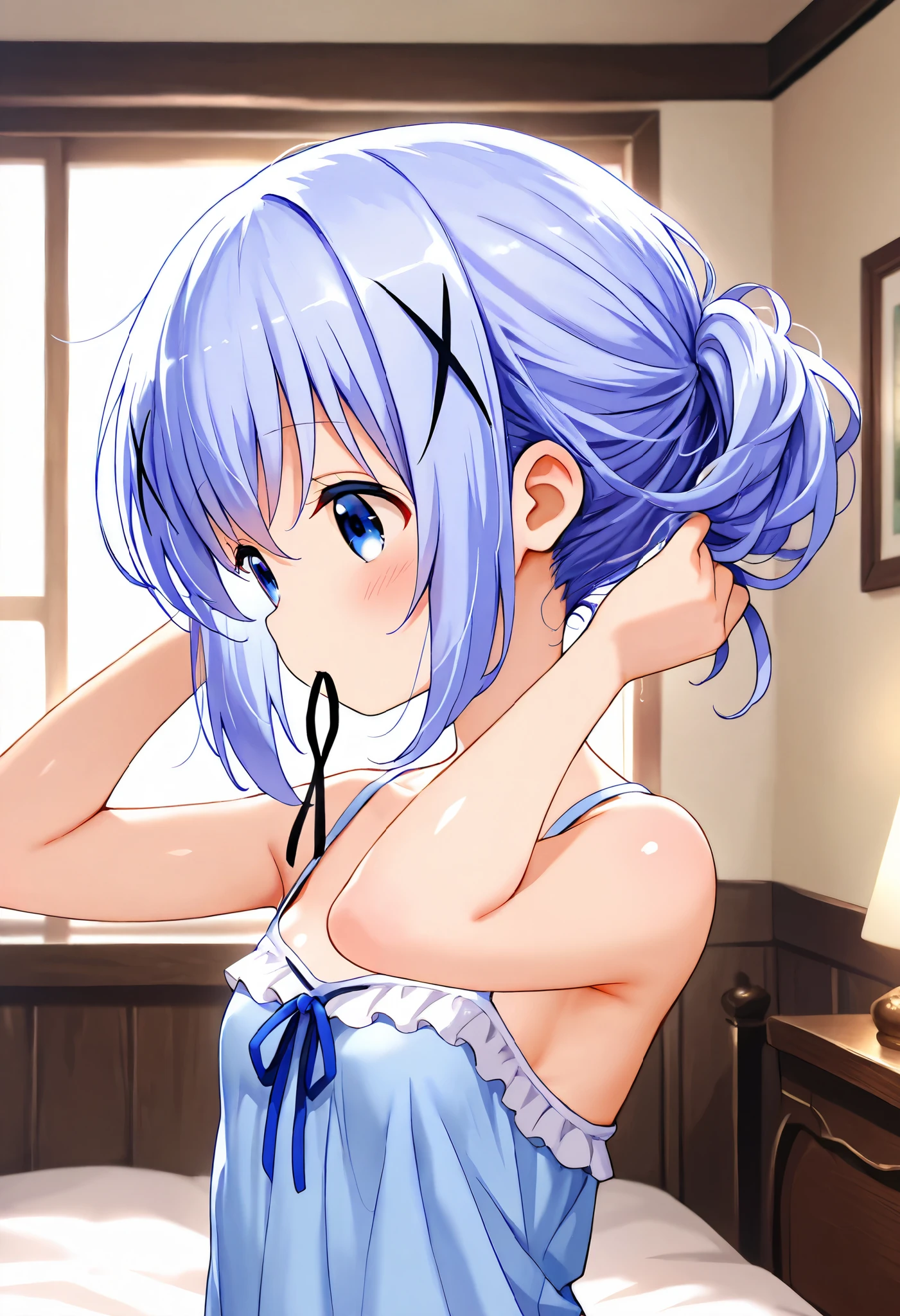 Lift your hair up with both hands, nape of neck, hold hair clip in mouth ,1girl,(li), camisole,kafuu chino, (petite),very cute ,small breasts,Original style, Very high quality, soft to the touch, beautiful,super detailed skin, high resolution, novel illustration, shiny skin,in gochuumon wa usagi desu ka? Style