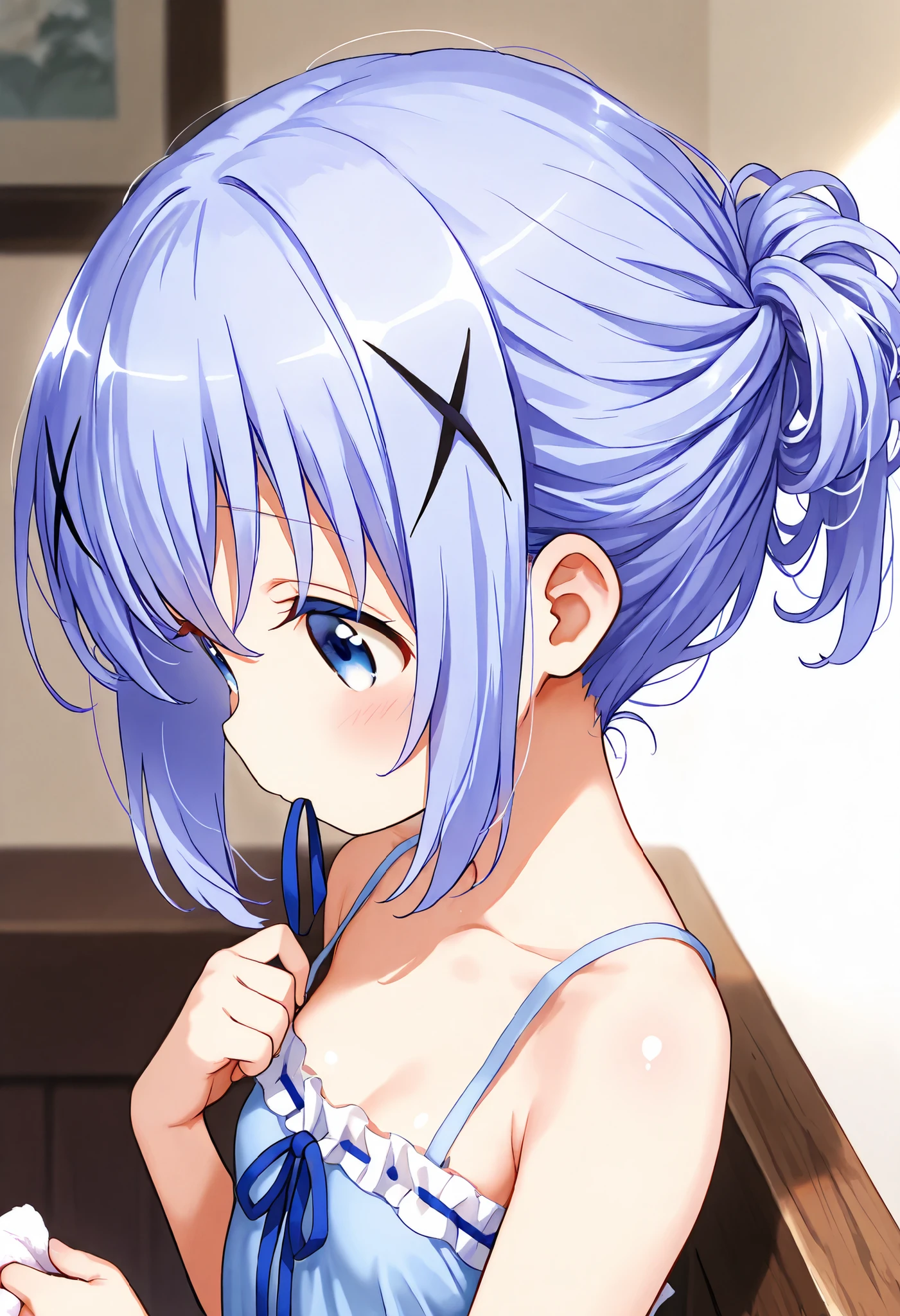 Lift your hair up with both hands, nape of neck, hold hair clip in mouth ,1girl,(li), camisole,kafuu chino, (petite),very cute ,small breasts,Original style, Very high quality, soft to the touch, beautiful,super detailed skin, high resolution, novel illustration, shiny skin,in gochuumon wa usagi desu ka? Style