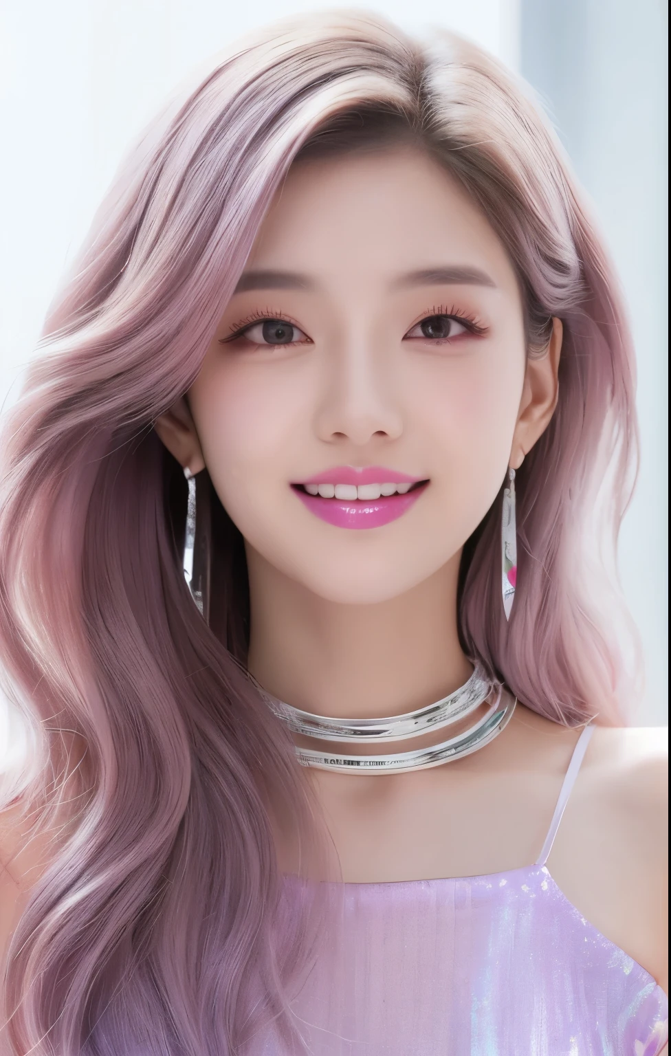 realistic, one korean model, shoulder length wavy hair, Lavender ash hair color, hair model, Unique hair details, transparent iridescent reflective fashion, Near future , double eyelid, mole under eye, plump magenta lips, professional makeup, , happy smile with sharp teeth, Shoulder-length silver earrings,hyper resolution, chocker