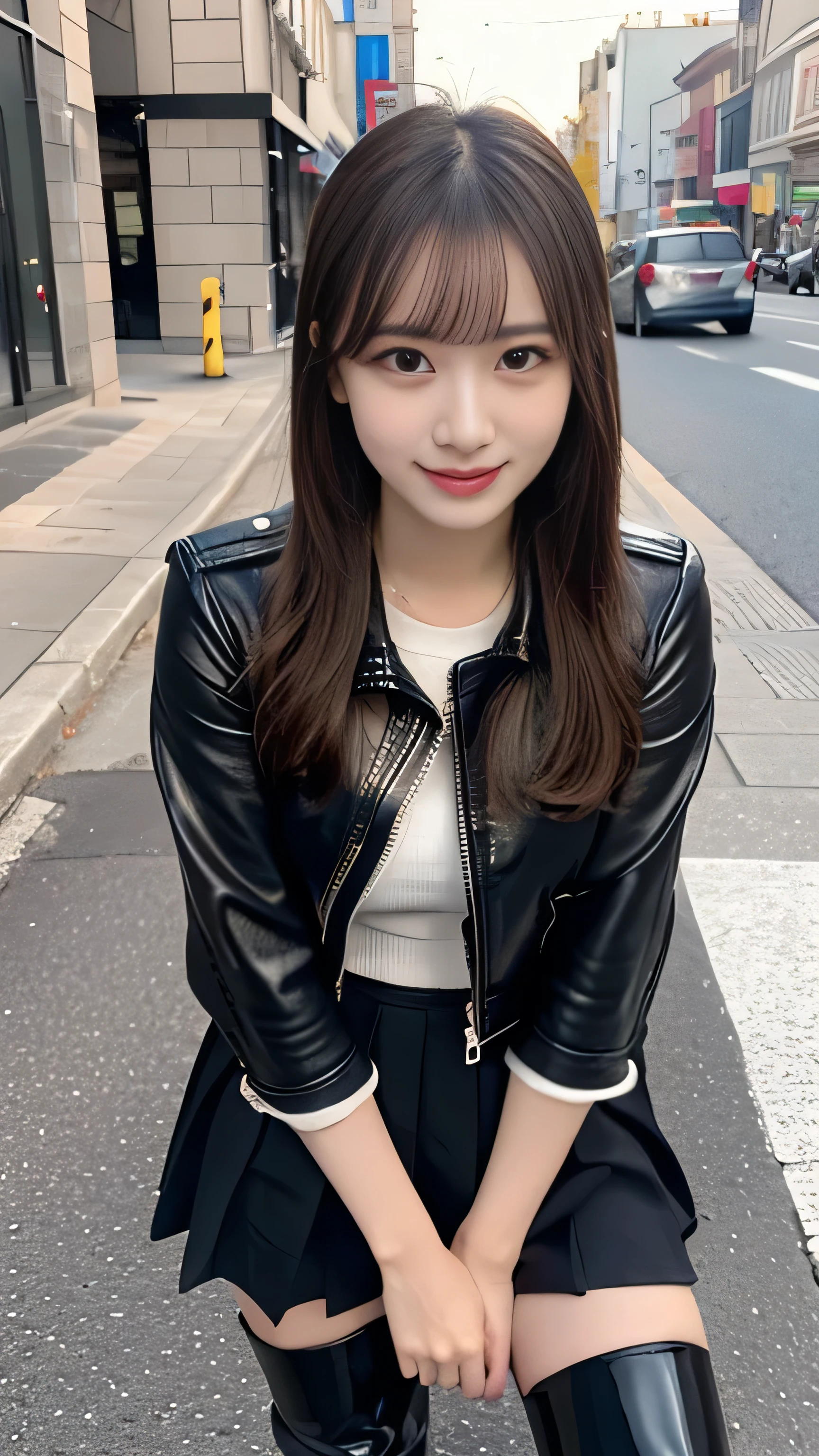 front view:1.5, large breast:1.4, full body photo,((focus on crotch)), she is in a street, standing on a street, one girl, High resolution ,blonde hair, Light Hair Color, sexy, Beautiful eyelashes ,High resolution ,Zoom out ,20-year-old ,Highest quality ,Very detailed ,Finer details ,High resolution ,8k wallpaper ,Beautiful eyes in every detail ,Natural lip color ,very beautiful:1.5, Full body,front view:1.5,looking camera, (riders leather thick Jacket,knee high boots, very high gloss:1.3, brown leather pleated mini thick skirt, Little Devil Smile), curvy thighs:1.5, (a beauty girl, delicate girl:1.3), break, very fine eyes, (symmetrical eyes:1.3), break,brown eyes, parted bangs,best smile, break, (eyes and faces with detailed:1.3), break, (masterpiece, best quality, ultra detailed, detailed face, 8k)