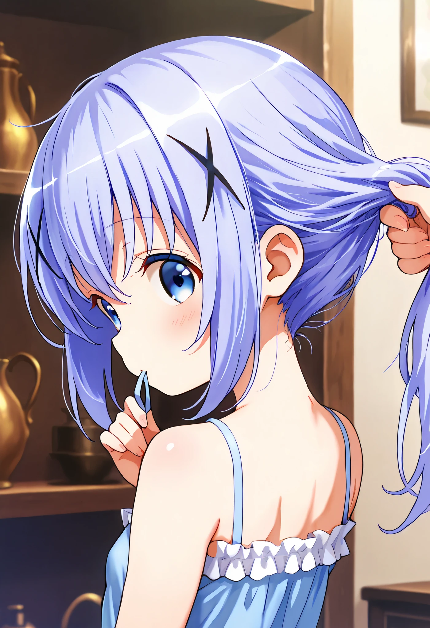 push one’s hair back, nape of neck, hold hair clip in mouth ,1girl,(li), camisole,kafuu chino, (petite),very cute ,small breasts,Original style, Very high quality, soft to the touch, beautiful,super detailed skin, high resolution, novel illustration, shiny skin,in gochuumon wa usagi desu ka? Style