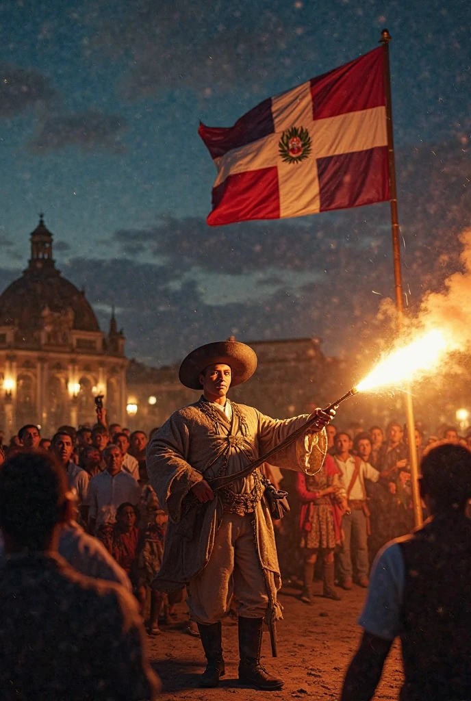 Generate me an image of the “Grito de Dolores” event during independence, with Miguel Hidalgo raising the banner of the Virgin of Guadalupe