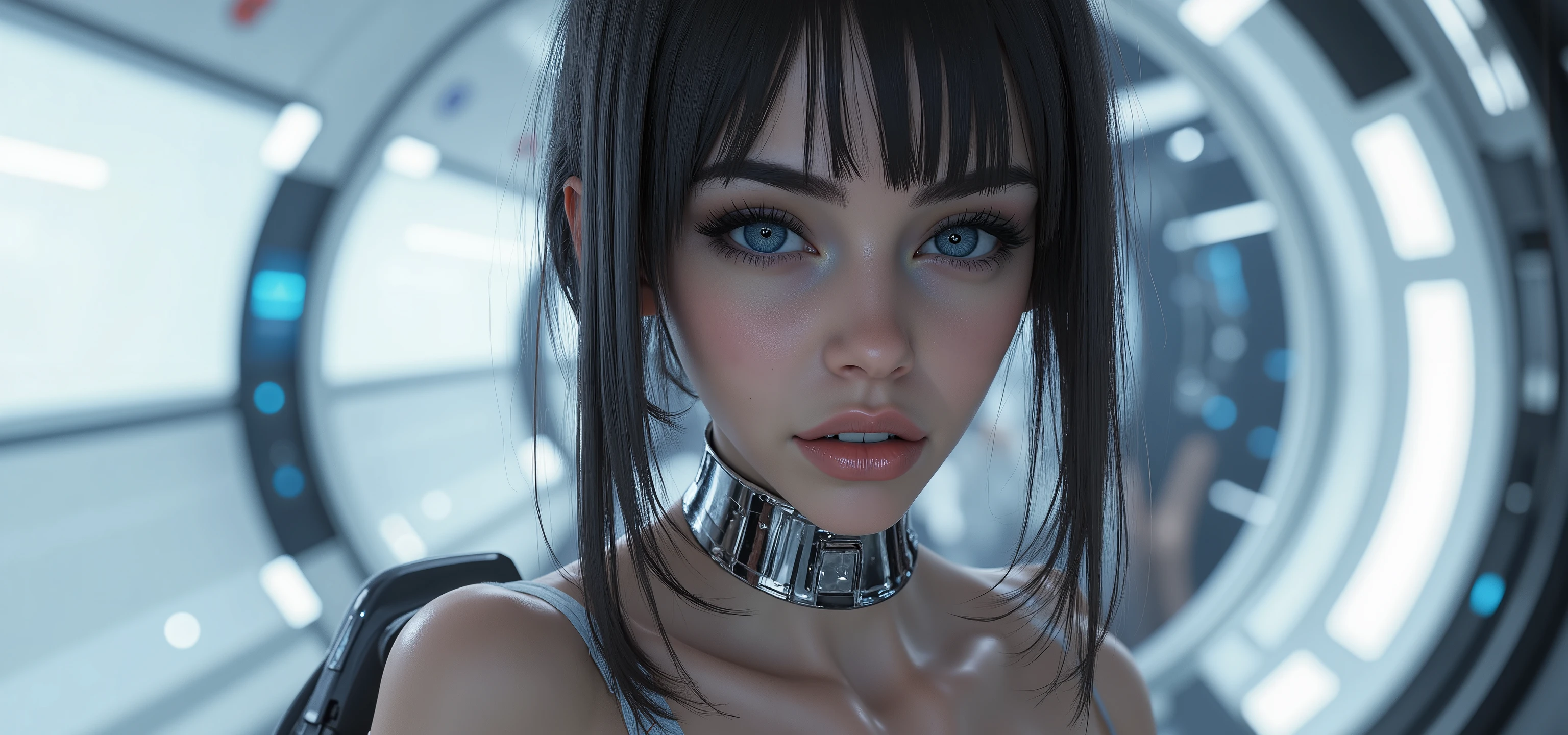 very sharp picture, several beautiful girls,looking at viewer, (( beautiful brazilian model aligned:1.8)),full body view ,(photorealism: 1.4),( hot girl dark brown skin),(complex and realistic skin texture:1.4),dynamic rear view,19years old,insane extremely long blond black hairs fringe, sci-fi,very skinny,very small ass,tight Tight glossy blue white latex combinaison, large cleavage, in a white spaceship ,insane tiny waist and hips,metal large choker, high rise belt, round breast,angelic cute face, white teeth, perfect beauty, perfect eyes render, long eyelashes,large pink lips, (very strong lighting:1.8), hyper realistic and detailed face , blue eyes,(((sharp focus on all bodies:1.8))),