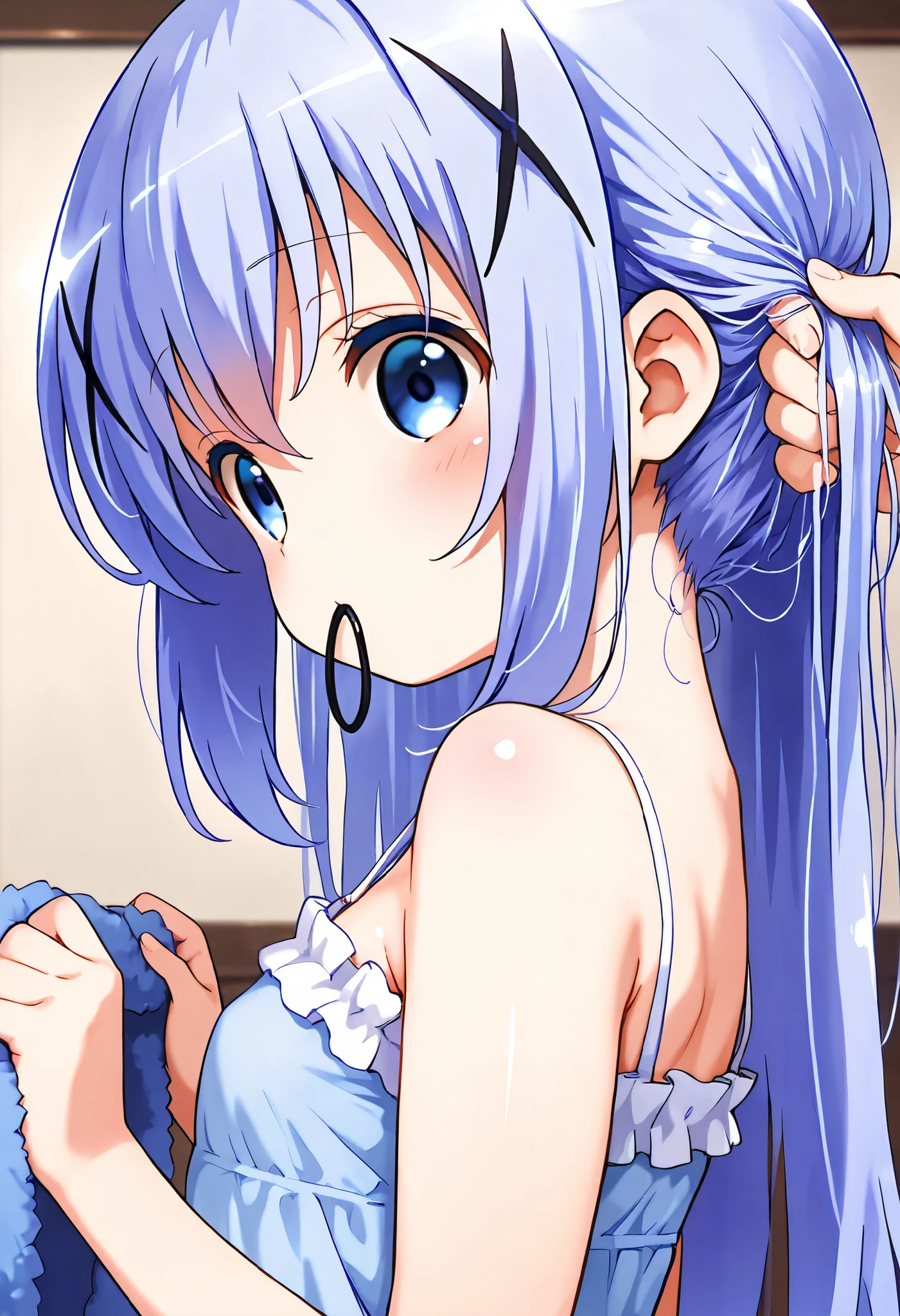 With your own two hands,push one’s hair back, nape of neck, hold hair clip in mouth ,1girl,(li), camisole,kafuu chino, (petite),very cute ,small breasts,Original style, Very high quality, soft to the touch, beautiful,super detailed skin, high resolution, novel illustration, shiny skin,in gochuumon wa usagi desu ka? Style