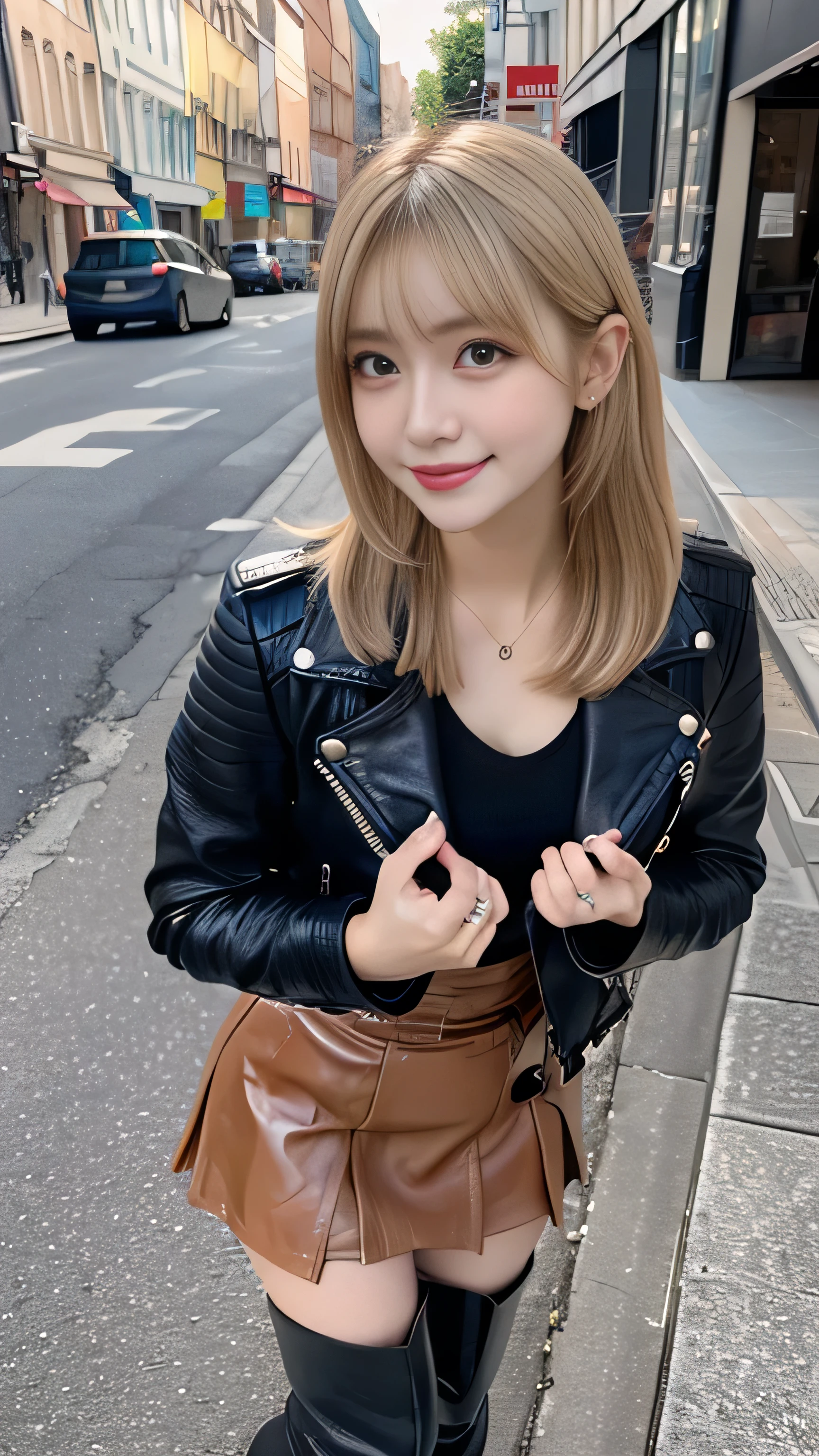 front view:1.5, large breast:1.4, full body photo,((focus on crotch)), she is in a street, standing on a street, one girl, High resolution ,blonde hair, Light Hair Color, sexy, Beautiful eyelashes ,High resolution ,Zoom out ,20-year-old ,Highest quality ,Very detailed ,Finer details ,High resolution ,8k wallpaper ,Beautiful eyes in every detail ,Natural lip color ,very beautiful:1.5, Full body,front view:1.5,looking camera, (riders leather thick Jacket,knee high boots, very high gloss:1.3, brown leather pleated mini thick skirt, Little Devil Smile), curvy thighs:1.5, (a beauty girl, delicate girl:1.3), break, very fine eyes, (symmetrical eyes:1.3), break,brown eyes, parted bangs,best smile, break, (eyes and faces with detailed:1.3), break, (masterpiece, best quality, ultra detailed, detailed face, 8k)
