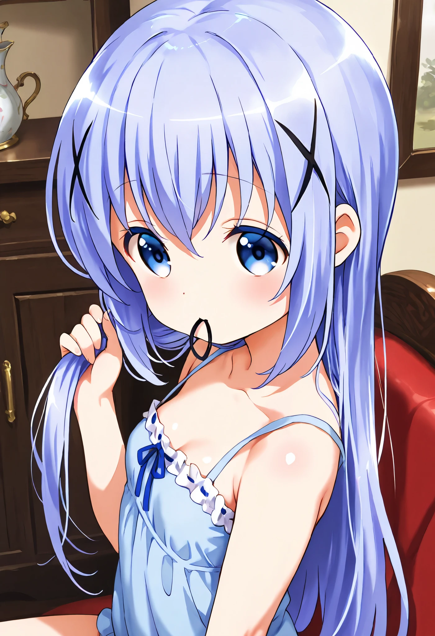 adjusting hair,push one’s hair back, nape of neck, hold hair clip in mouth ,1girl,(li), camisole,kafuu chino, (petite),very cute ,small breasts,Original style, Very high quality, soft to the touch, beautiful,super detailed skin, high resolution, novel illustration, shiny skin,in gochuumon wa usagi desu ka? Style