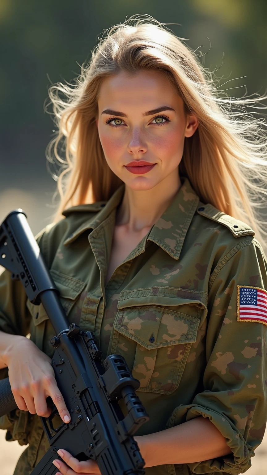 a photography of a battleground with 1 stunningly gorgeous 20 years old woman holding a riffle standing front of the camera, braids on 1 side, photorealistic, all body in the picture, panorama, landscape, photography, best quality, intricate details, perfect detailed face, nsfw, yellow field background, very serious face, very sad face, destruction, very dark sky with blinding sunny ray, woman illuminated by sunny ray, dark clouds, field full of corpses in the background, (long hair:1.1), (blond hair:1.3), stunning blue eyes, sharp eyes, (modern military clothes:1.1), (camo clothes:1.1), military cap, (fully dressed:1.2), (riffle in hands:1.2), (stains of dirt and blood on her body and face:1.2), decay, gloomy, analog style, Ukrainian flag wrapped around her shoulder, epic, dramatic, ukraine