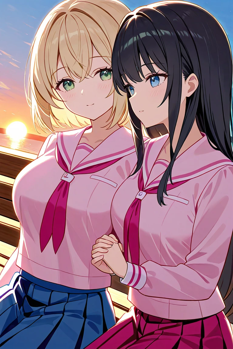 Two girls（long hair、blond hair（A pair of ribbons on the left and right）、Big Breasts、 green eyes、Fleeting、 sleep 、Lean on your shoulders 、peace of mind、peace）、（short hair、 black hair、 small tits、 blue eyes、Rin々Shii、Love ）、Under the sunset sky、 hold hands、 pale pink sailor suit wearing a hakama（ red miniskirt ）、shoulder to shoulder、sleeping face、 bench、Dutch angle