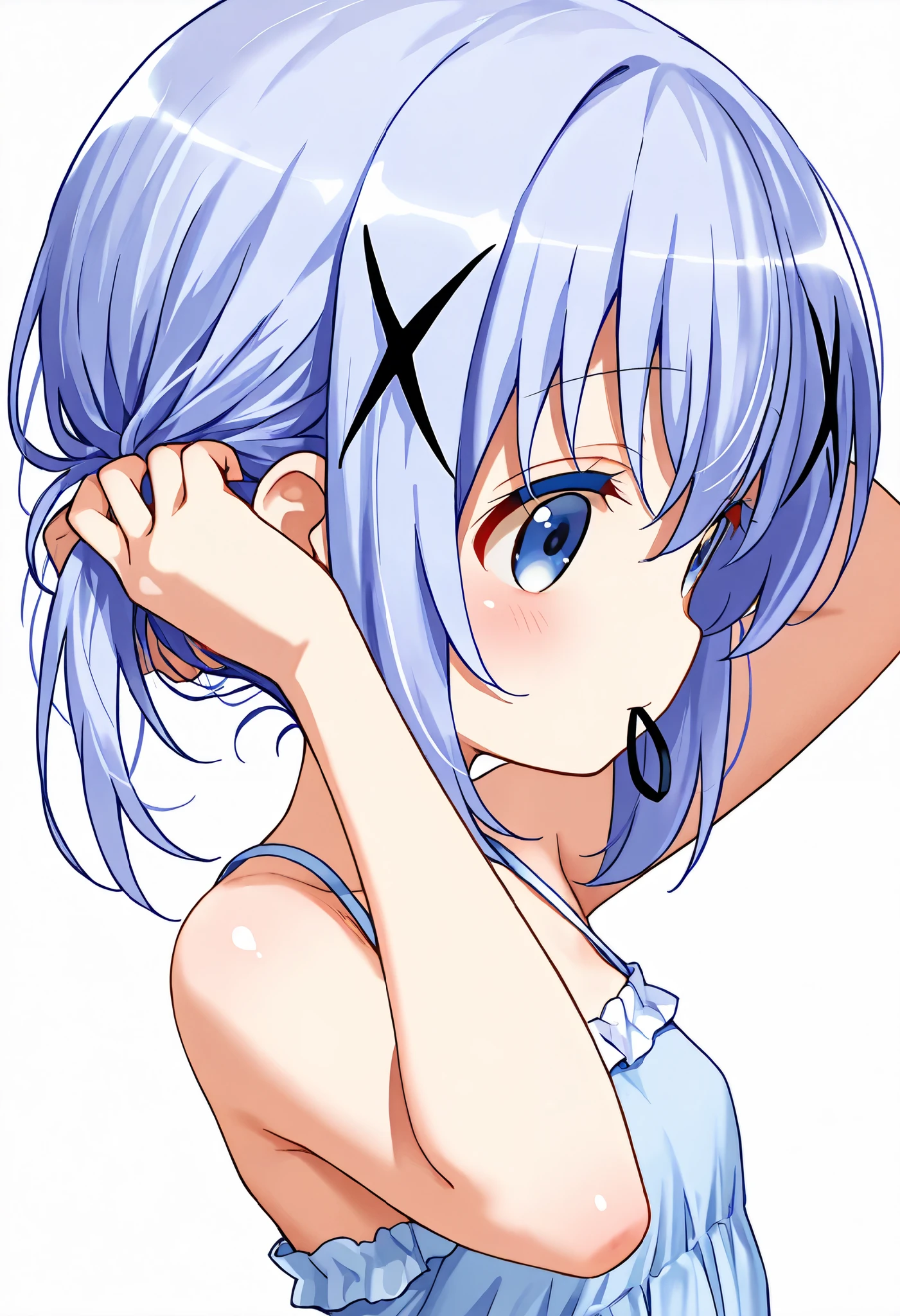 adjusting hair,push one’s hair back, nape of neck, hold hair clip in mouth ,1girl,(li), camisole,kafuu chino, (petite),very cute ,small breasts,Original style, Very high quality, soft to the touch, beautiful,super detailed skin, high resolution, novel illustration, shiny skin,in gochuumon wa usagi desu ka? Style