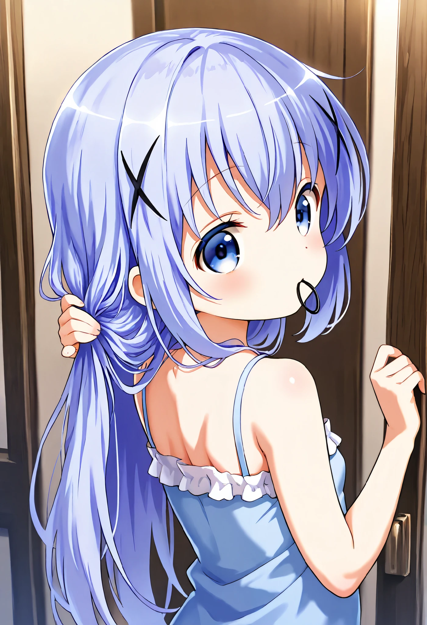 adjusting hair,push one’s hair back, nape of neck, hold hair clip in mouth ,1girl,(li), camisole,kafuu chino, (petite),very cute ,small breasts,Original style, Very high quality, soft to the touch, beautiful,super detailed skin, high resolution, novel illustration, shiny skin,in gochuumon wa usagi desu ka? Style