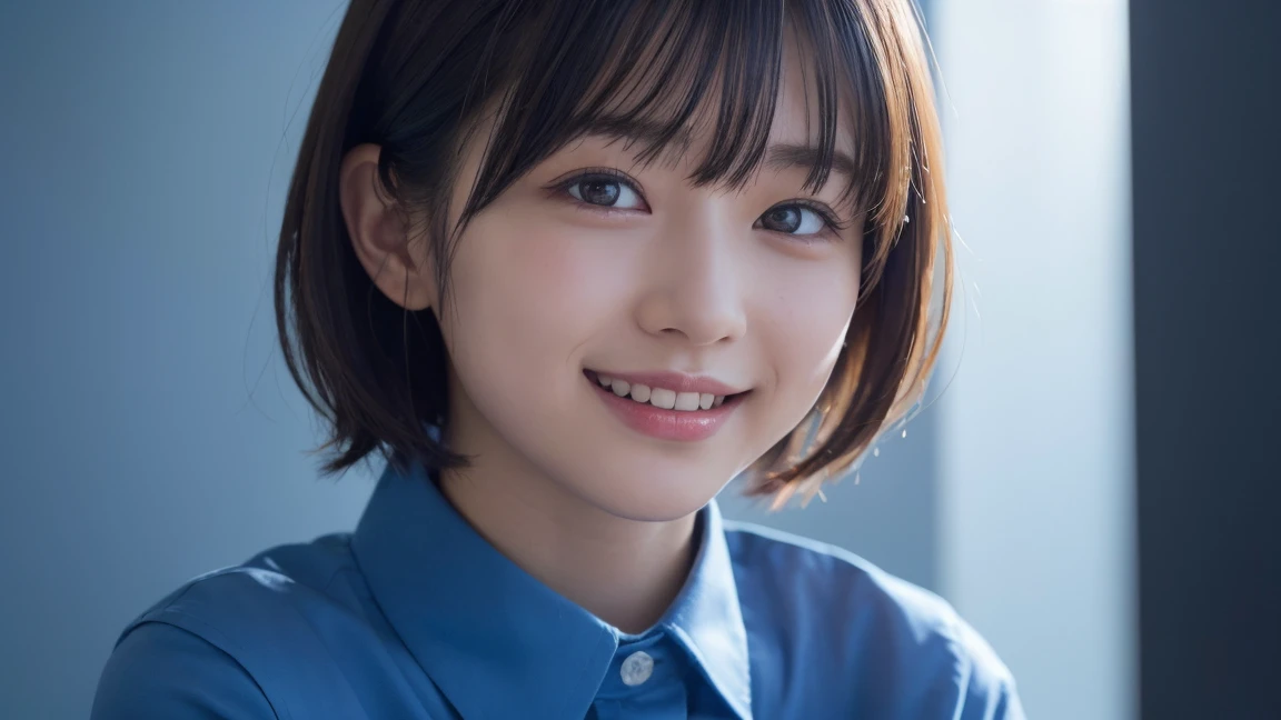 masterpiece, best quality, ultra high res, 1girl, 18 years old, Full body, smart casual, hacker's server room, (straight short thin fringe hair:1.2), ultra detailed photograph, (photorealistic), (intricate details:1), (detailed eyes), (detailed facial features), HDR, 8k resolution, (lens flare:0.5), light from far behind, (smile, joy)
