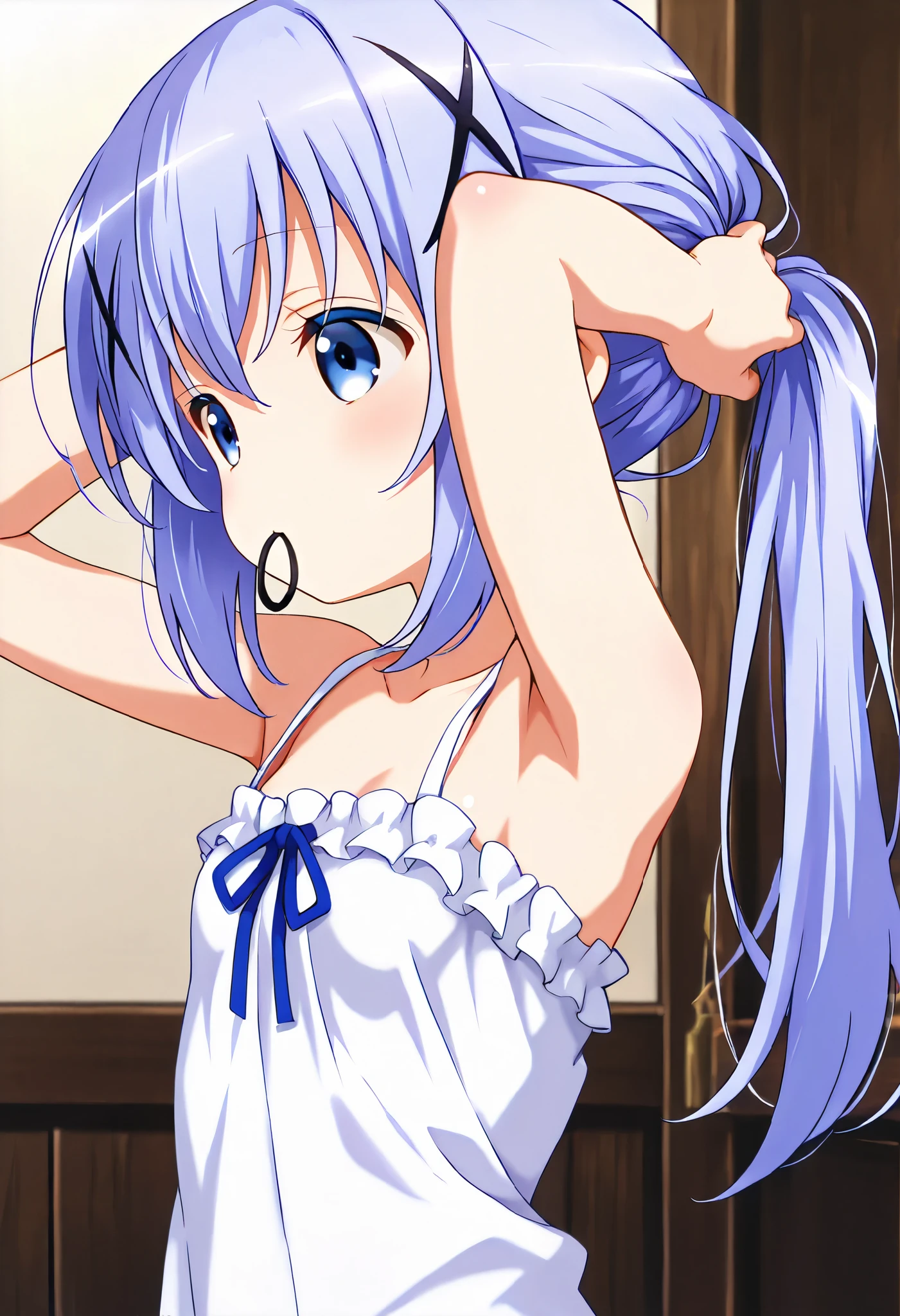 adjusting hair,push one’s hair back, nape of neck, hold hair clip in mouth ,Just turn your eyes,1girl,(li), camisole,kafuu chino, (petite),very cute ,small breasts,Original style, Very high quality, soft to the touch, beautiful,super detailed skin, high resolution, novel illustration, shiny skin,in gochuumon wa usagi desu ka? Style, (((Super high quality))), 8k, masterpiece