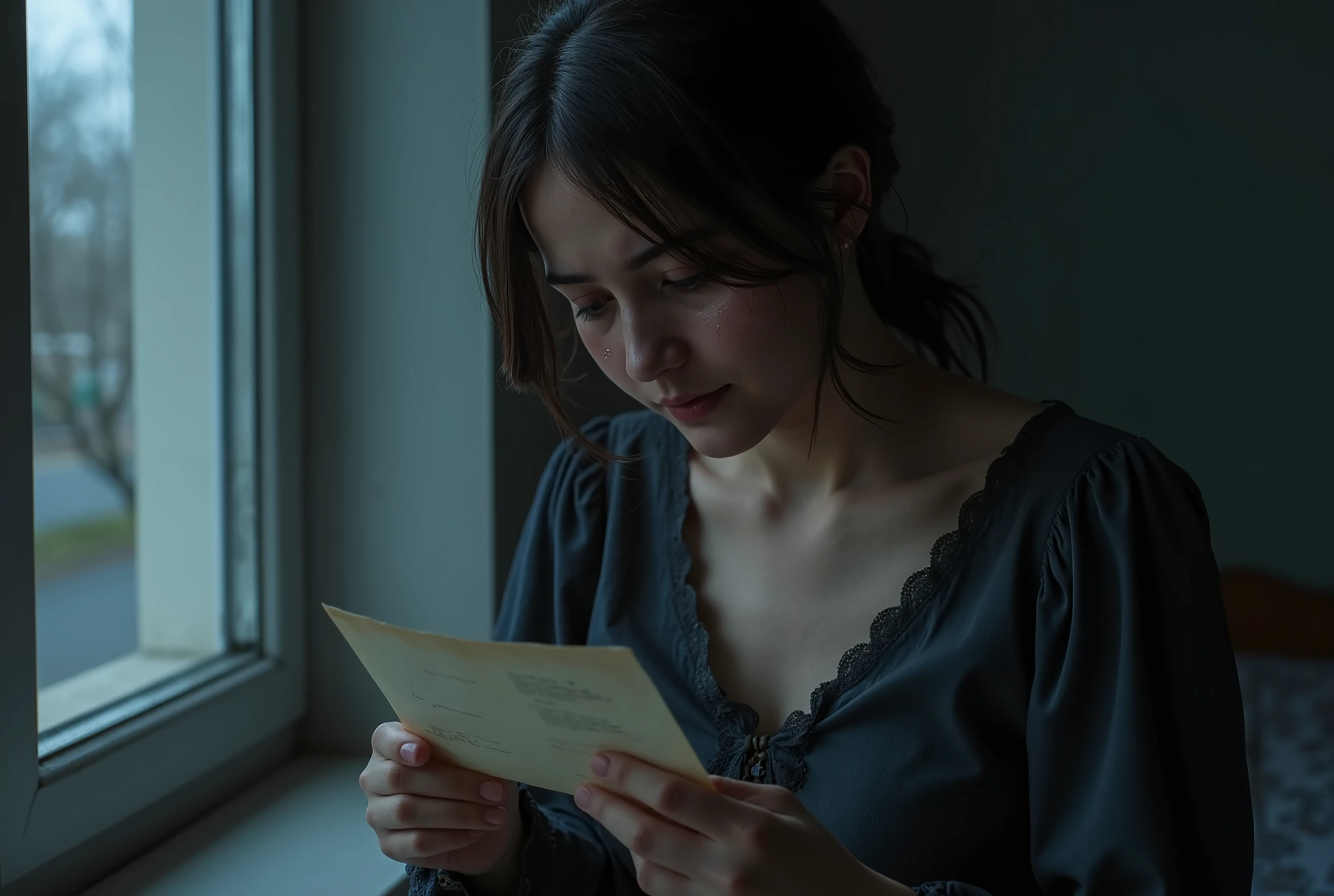 "A beautiful young woman with a very sad expression, her eyes full of tears and a few drops falling down her cheeks. She sits alone by the window in the dim twilight, creating a melancholic atmosphere. Her hair is a little messy, and her hands are holding a piece of letter or an old photo. Her shoulders are shaking slightly, indicating that she is crying with great emotion. Shades of blue and gray dominate the picture to strengthen the atmosphere of sadness and solitude."