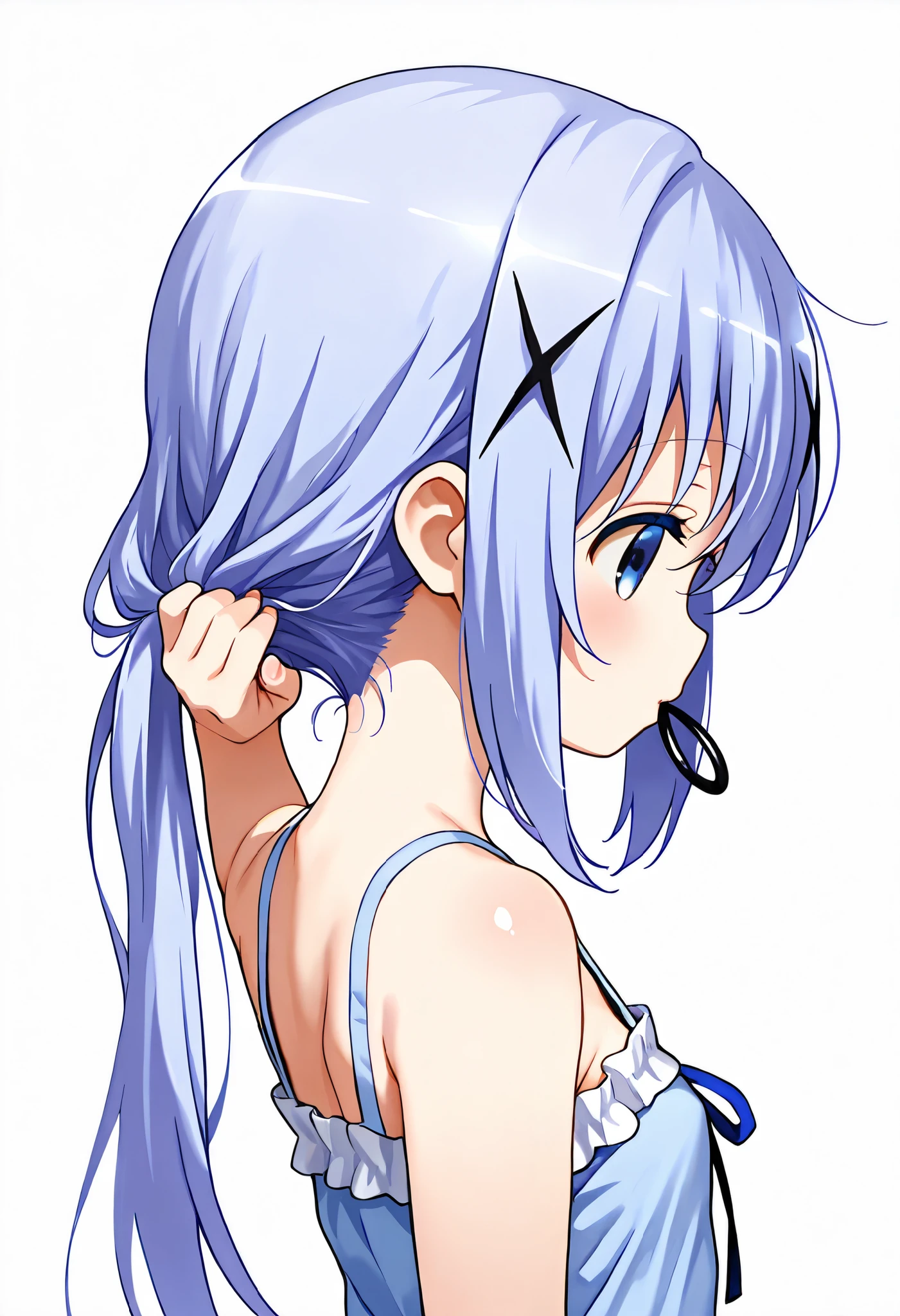 adjusting hair,push one’s hair back, nape of neck, hold hair clip in mouth ,Just turn your eyes,1girl,(li), camisole,kafuu chino, (petite),very cute ,small breasts,Original style, Very high quality, soft to the touch, beautiful,super detailed skin, high resolution, novel illustration, shiny skin,in gochuumon wa usagi desu ka? Style, (((Super high quality))), 8k, masterpiece