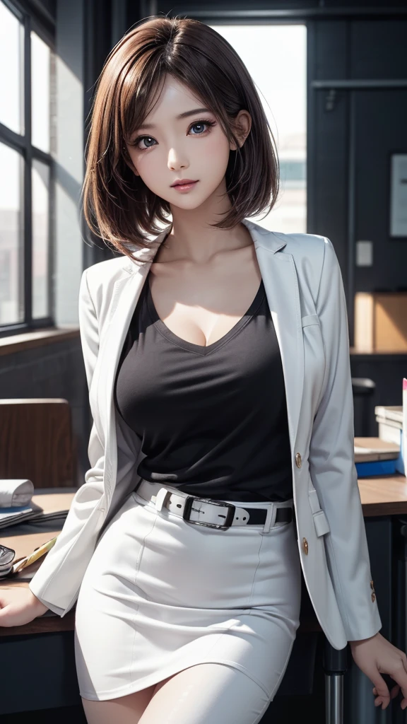 NSFW、16k、Photoreal、highest quality、masterpiece、ultra high resolution、Raw photo、realistic、bright lighting、face light、smooth professional lighting、looking at camera、alone、adult woman、Beautiful woman、super beautiful、realistic skin texture、Glittering skin、moist skin、Realistic eye and face details、perfect style、model body shape、beautiful eyes、Big eyes、Inconspicuous tear bags、slim、medium big breasts、not long nails、very short hair、black hair、black eye、looks fun、beautiful hip line、(((ビジネスsuit)))、(((office)))、(((suit)))、white dress shirt、Jacket、