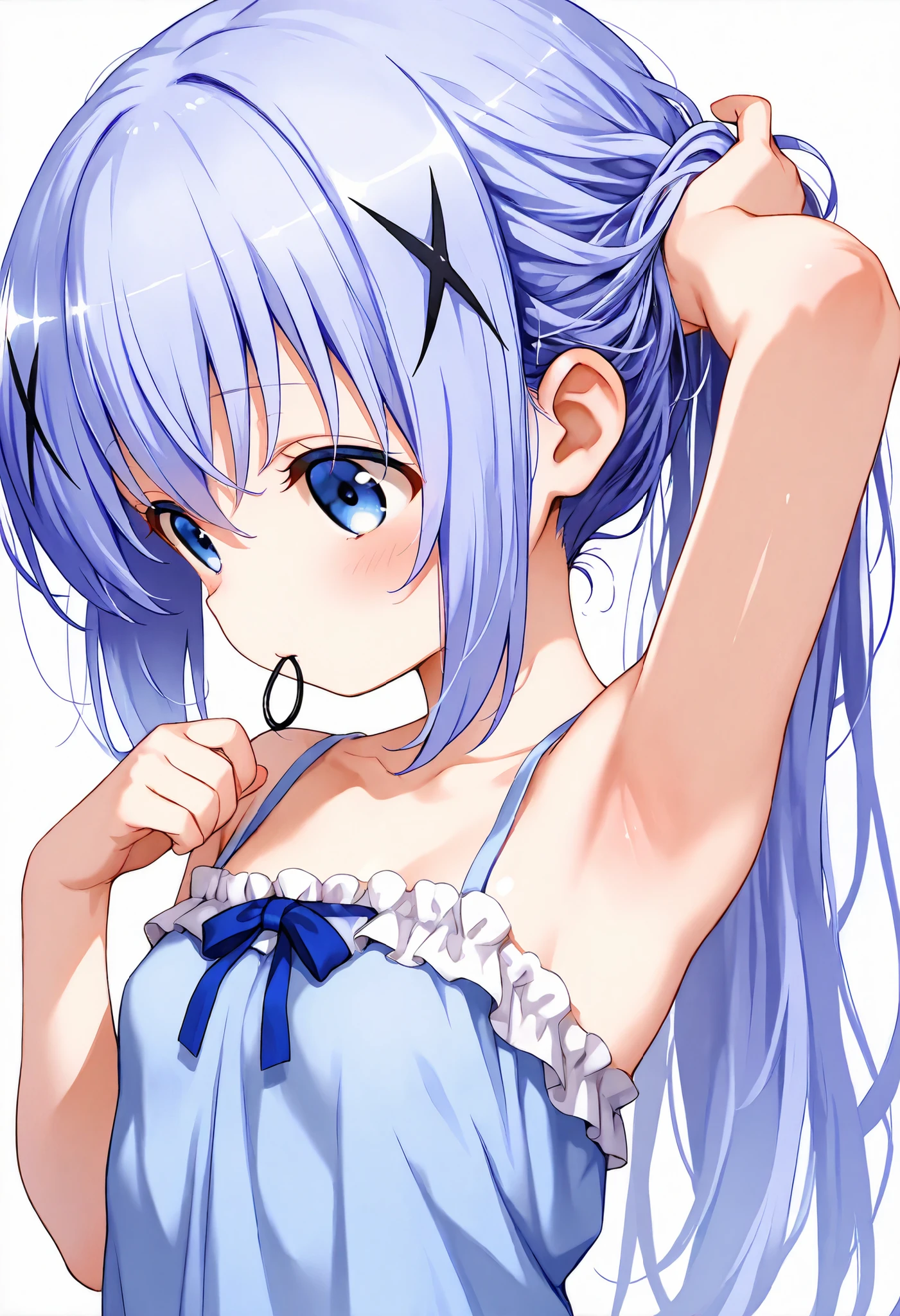 adjusting hair,push one’s hair back, nape of neck, hold hair clip in mouth ,Just turn your eyes, armpit ,1girl,(li), camisole,kafuu chino, (petite),very cute ,small breasts,Original style, Very high quality, soft to the touch, beautiful,super detailed skin, high resolution, novel illustration, shiny skin,in gochuumon wa usagi desu ka? Style, (((Super high quality))), 8k, masterpiece