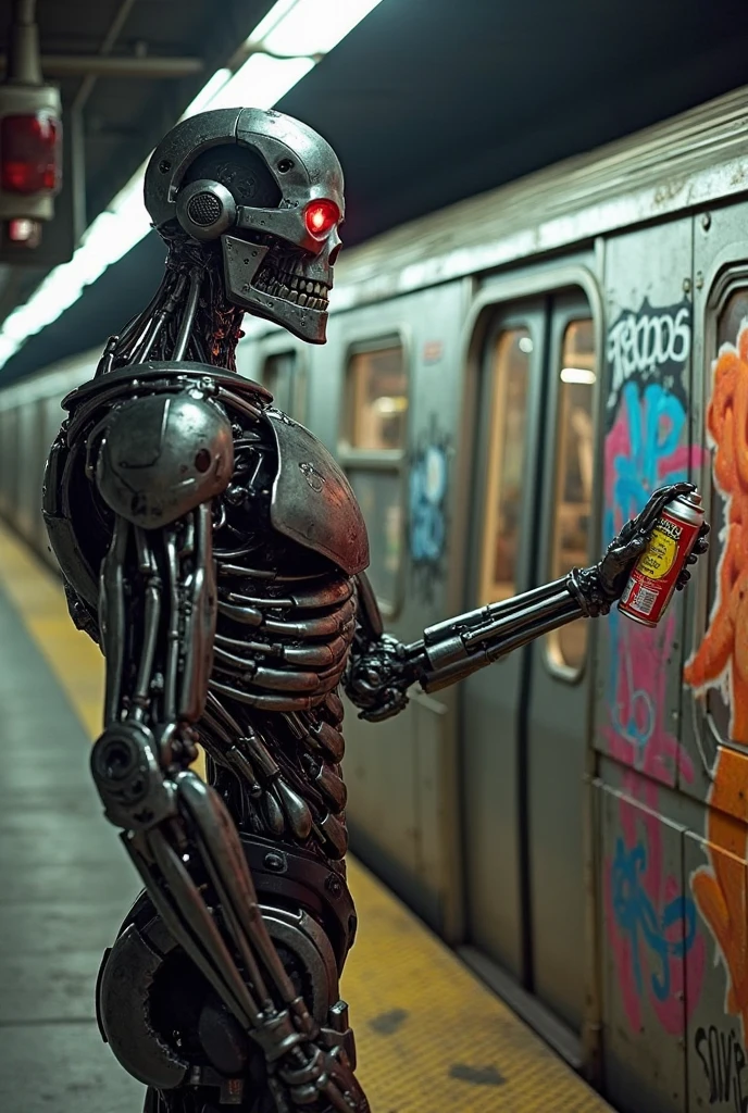 Terminator T800 making graffiti SASHEN in the subway train