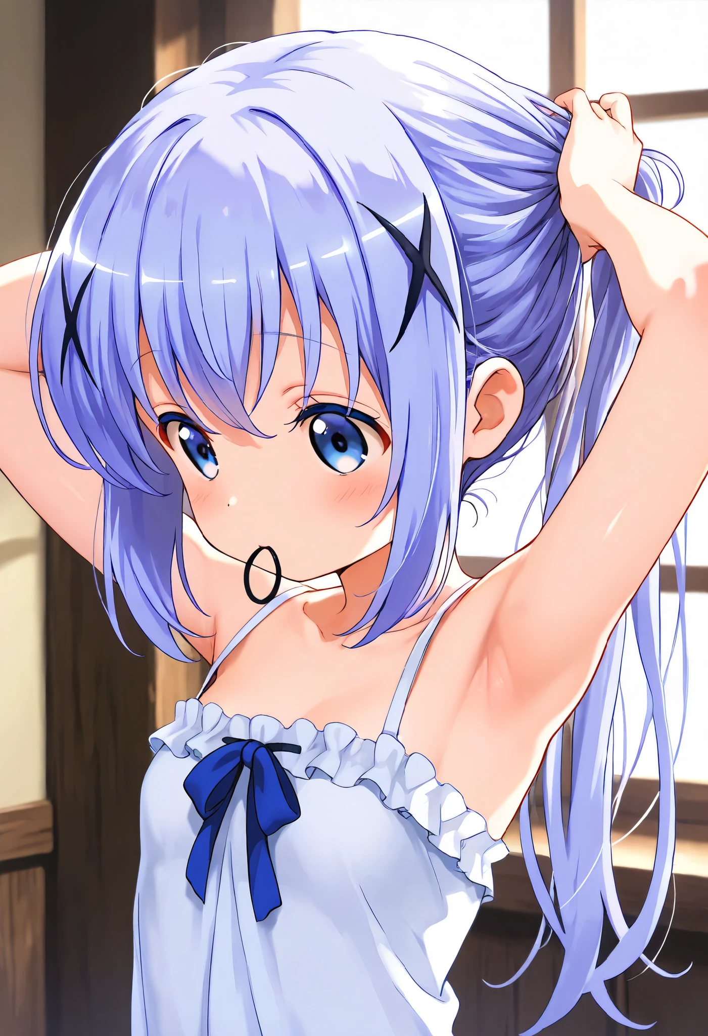 adjusting hair,push one’s hair back, nape of neck, hold hair clip in mouth ,Just turn your eyes, armpit ,1girl,(li), camisole,kafuu chino, (petite),very cute ,small breasts,Original style, Very high quality, soft to the touch, beautiful,super detailed skin, high resolution, novel illustration, shiny skin,in gochuumon wa usagi desu ka? Style, (((Super high quality))), 8k, masterpiece