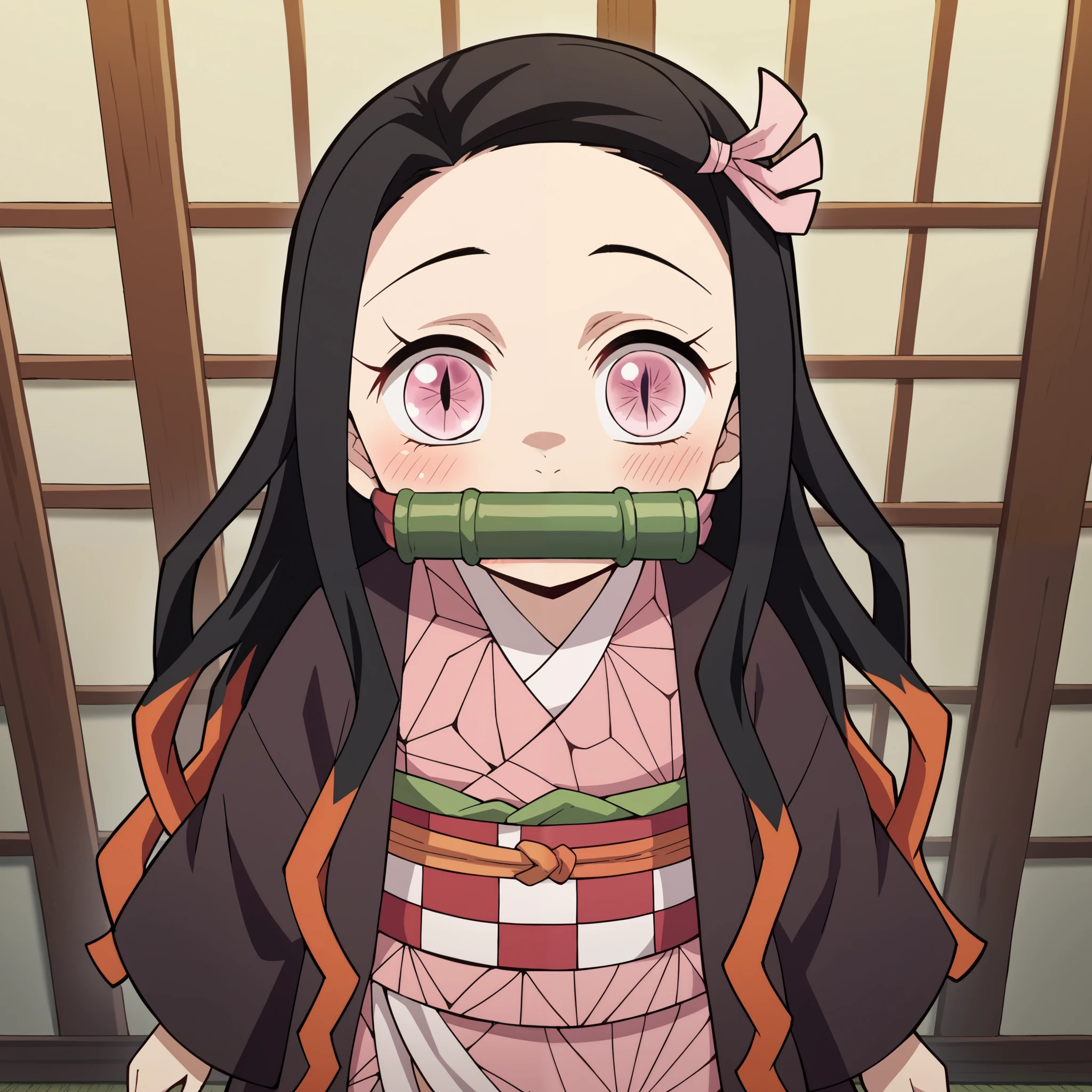 score_9, score_8_up, score_7_up, source_anime,
nezukokamado, nezuko kamado, black hair, forehead, hair ribbon, long hair, multicolored hair, pink eyes, orange hair, slit pupils, wavy hair, two-tone hair, chibinezuko, chibi, multicolored hair, (oversized clothes:1.5),
bamboo, bit gag, gag, gagged, asa no ha \(pattern\), checkered sash, haori, japanese clothes, kimono, long sleeves, obi, pink kimono, sash, wariza, wide sleeves,
indoors, standing, blush,,
solo, (looking up at viewer), cowboy shot, (seen from above), from front, pov man hand caressing her head,
(smalled body, pettite, , loita body, )