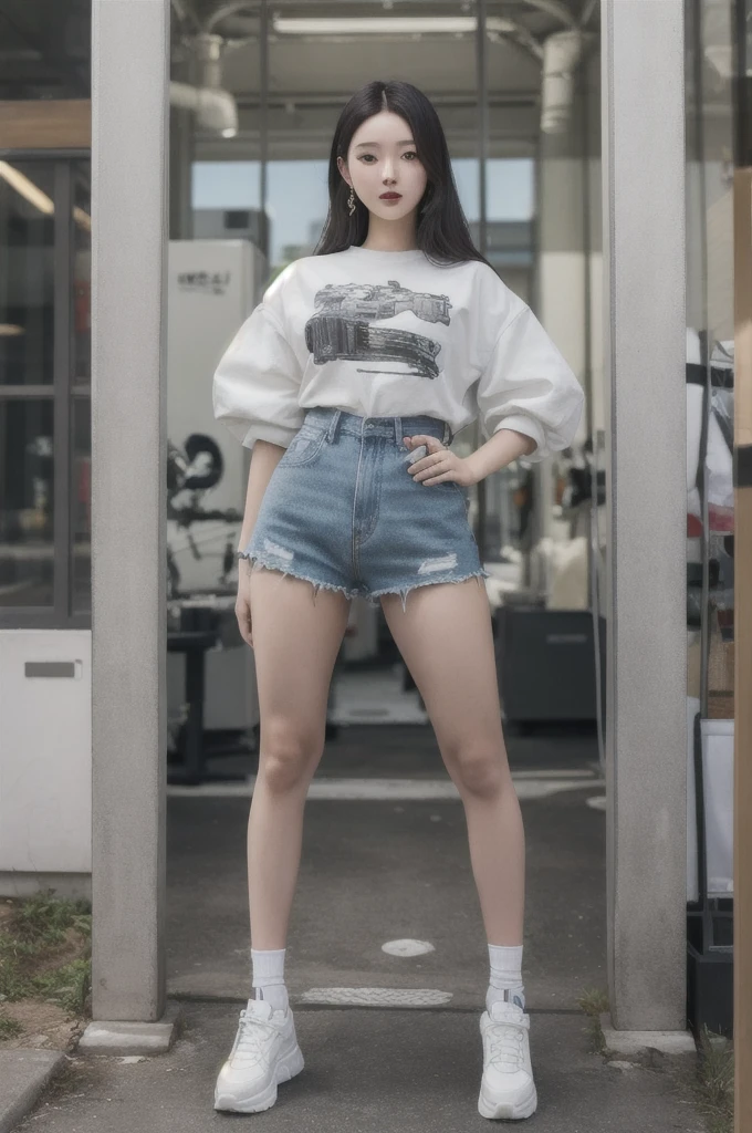 Ms Alafid wearing a white shirt and denim shorts poses for a photo, photo of slim girl model, Sexy girl wearing shorts, photo of slim girl, woman model, full body xianxia, ( ( ( Wear jeans ) ) ), denim hot-pants, super high-quality model, Full body female, Lovely young lady all over, A fashion model
