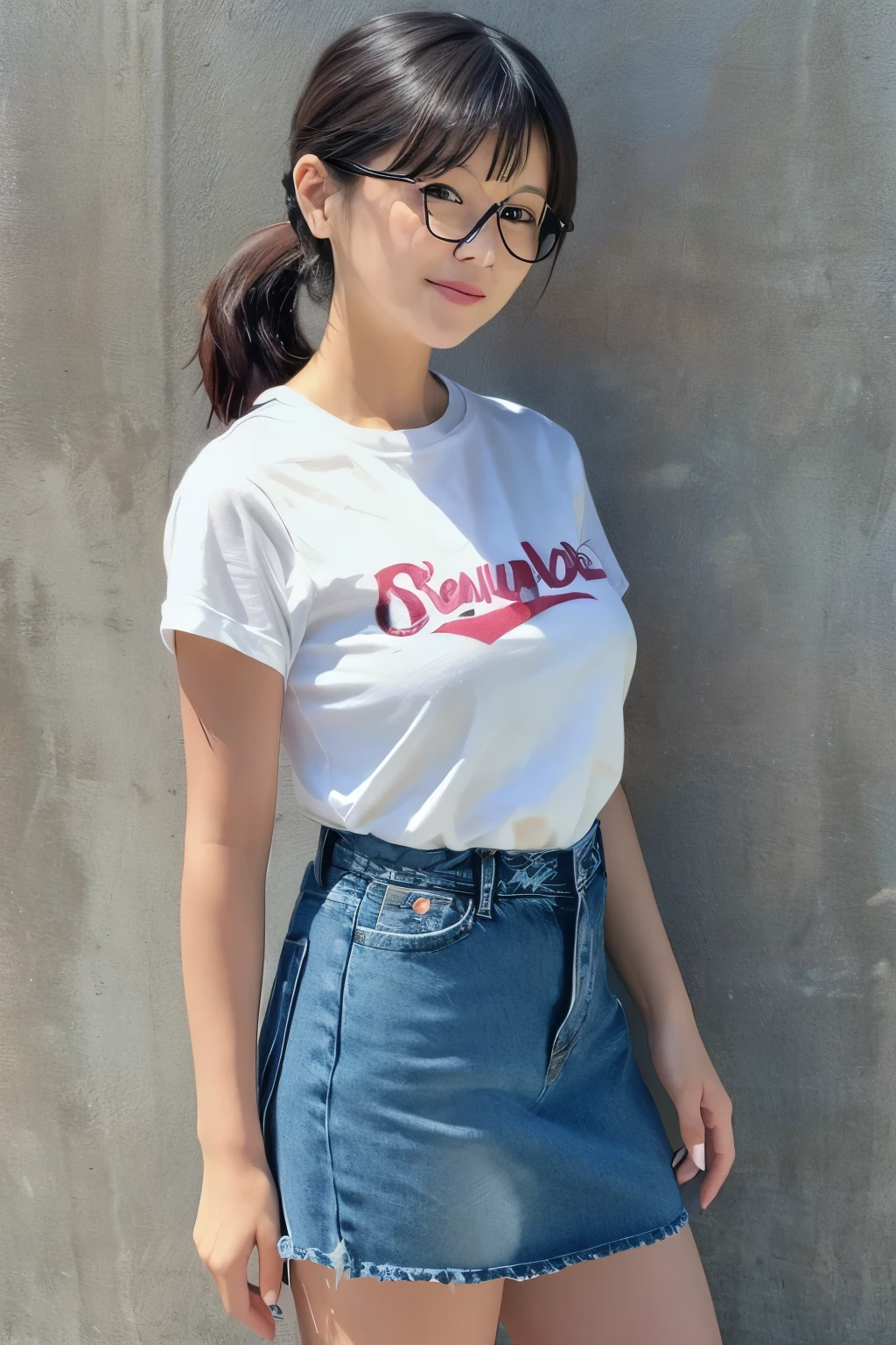 full body、Glasses、denim skirt、low ponytail、bangs、WhiteT shirt、SMALLE BREASTS、 No Background