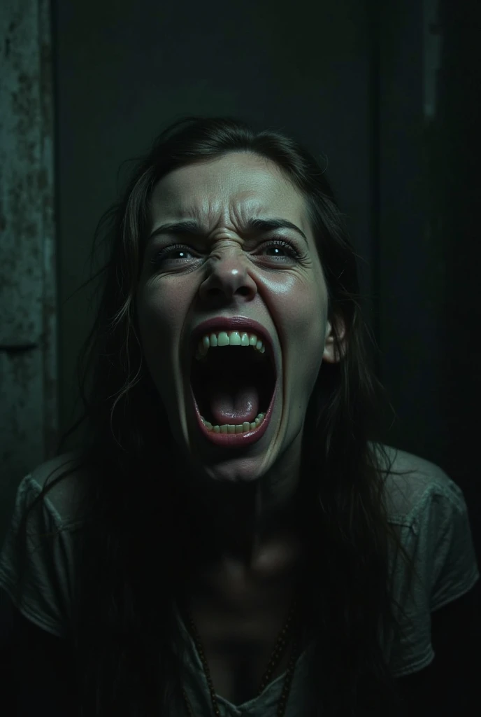 Woman with a crazy face, inside a house of terror