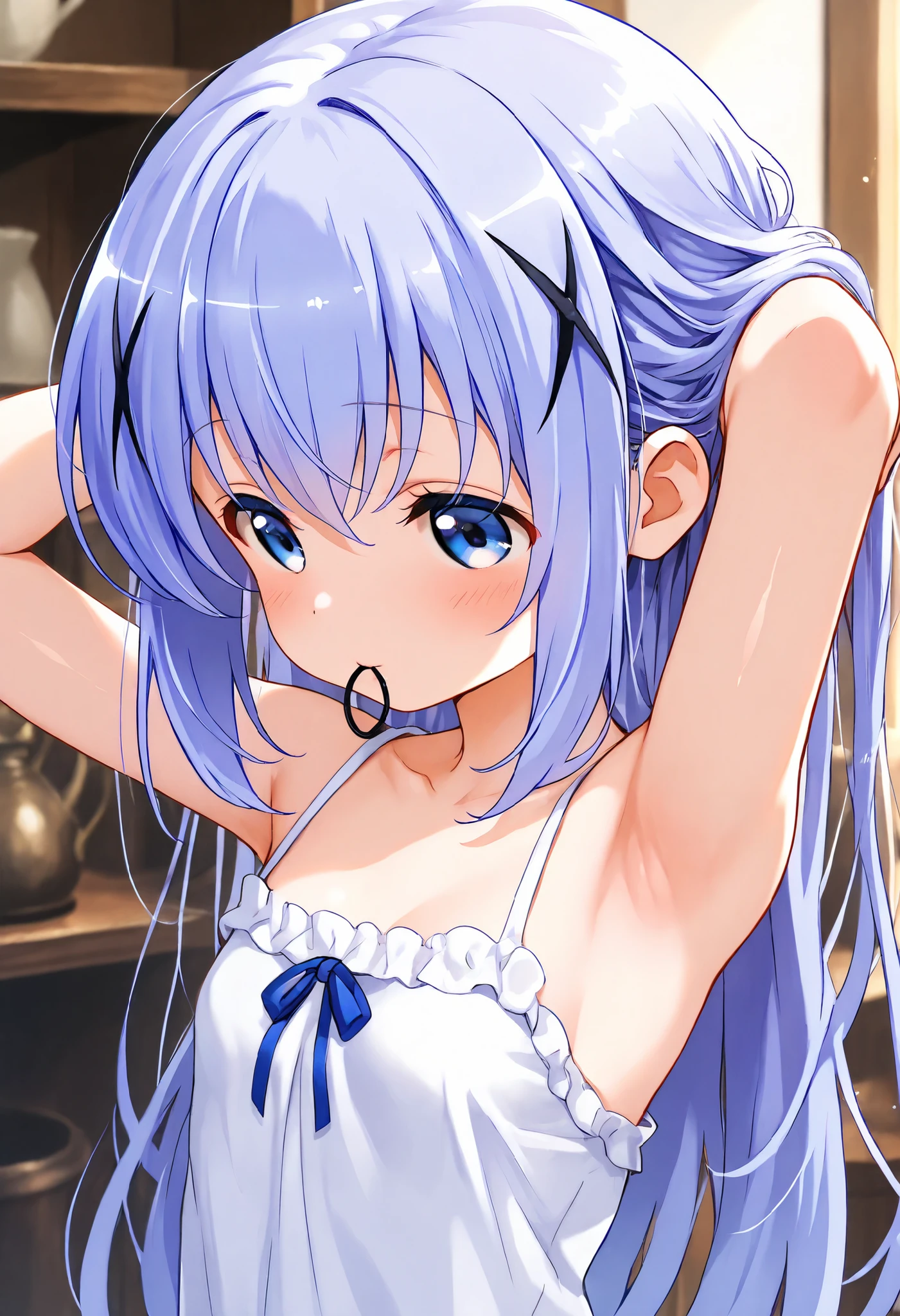 adjusting hair,push one’s hair back, nape of neck, hold hair clip in mouth ,Just turn your eyes, armpit ,1girl,(loli), camisole,kafuu chino, (petite),very cute ,small breasts,Original style, Very high quality, soft to the touch, beautiful,super detailed skin, high resolution, novel illustration, shiny skin,in gochuumon wa usagi desu ka? Style, (((Super high quality))), 8k, masterpiece