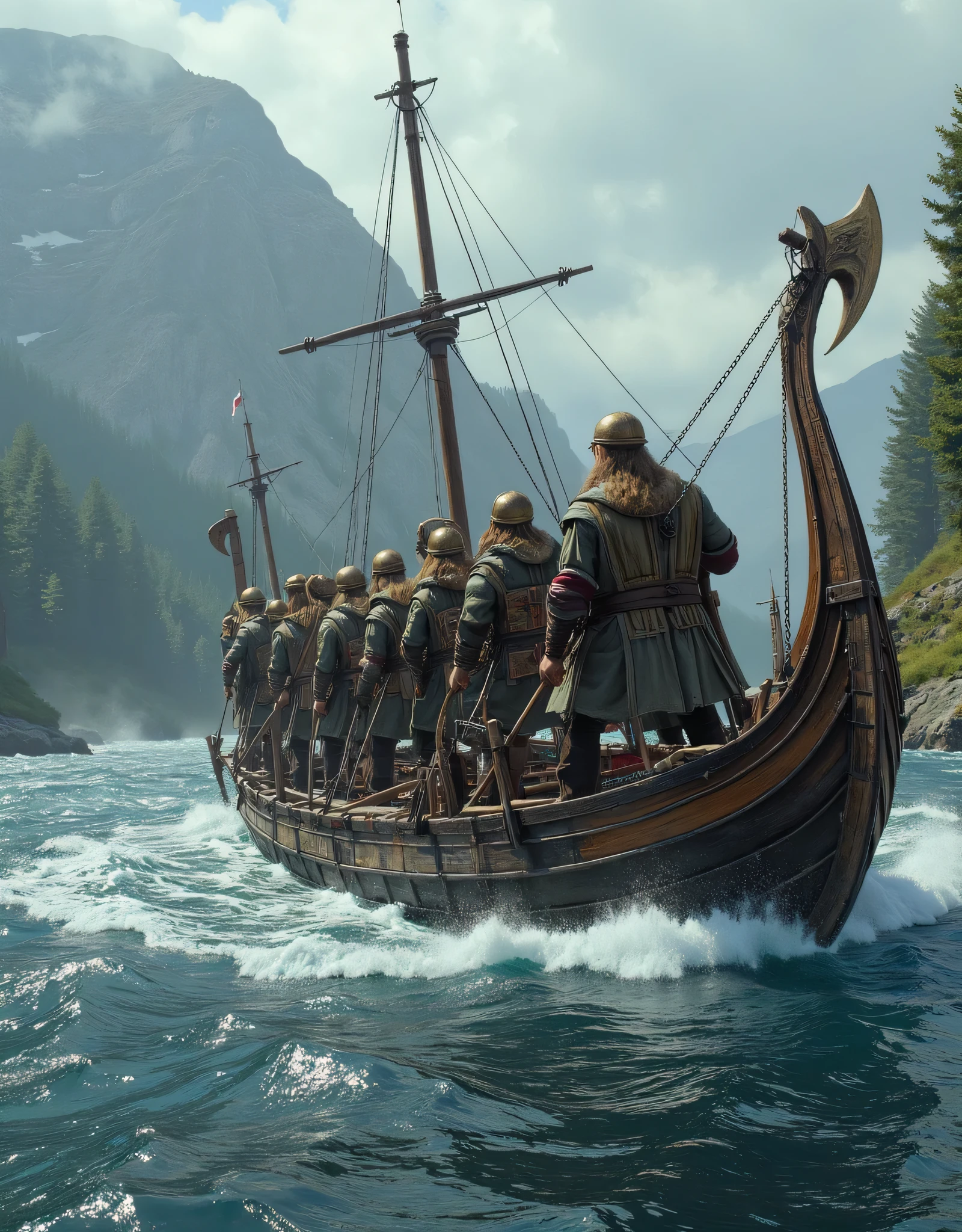**Prompt:** Design a breathtakingly detailed landscape scene depicting Viking sailors navy units navigating the long wooden war boat on the tumultuous waters of the medieval North deep forest and on small river. Showcase hyper-realism in the composition, featuring a long size Viking long dragon wooden war boat slicing through crashing river waves. Capture the action from a panoramic ultra-wide angle to fully immerse the viewer in the dramatic, fjord environment. Illustrate the Viking navy raiders in elaborate, historically-accurate armor, standing in organized battle formation, with intricately crafted battle axes raised in readiness for the impending conflict. Focus on dynamic leading lines within the composition that draw the viewer's gaze across the scene, accentuated by a rich UHD color palette that creates an atmospheric contrast between the roiling river and the warriors. Pay particular attention to the anatomy of the sailors, highlighting the strength and resolve in their hands as they prepare for battle. As you zoom out, ensure the entire regiment is depicted in all its fierce glory, maintaining a depth of field that amplifies the visual impact. Utilize cutting-edge 3D CGI textures to breathe life into this depiction of Viking valor, creating a visually stunning PiratePunkAi artwork that captures the essence of an epic on water battle.