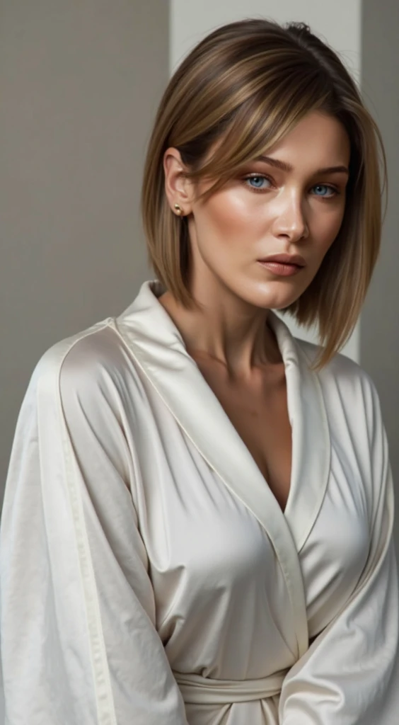 High detail RAW color sensual portrait photo of woman, ((wearing robe,)) (cone hair bun) , realistic, highly detailed, harsh lighting, cinematic lighting, hasselblad, 45 degree, hard light, gigapixel