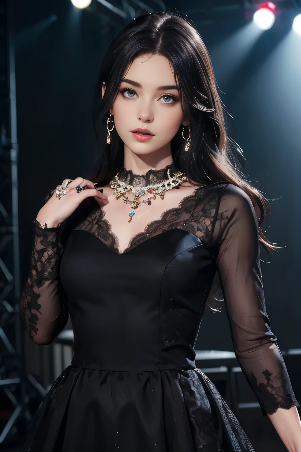 8k, masterpiece, 1 girl, beautiful face, white skin, very long hair, light makeup, detailed eyes, detailed lips, small breasts tight, realistic detailed, very detailed dress, princess dress, (black dress:1.2), (wearing jewellery:1.5), (lace:1.4), ((stage background)), attractive poses,