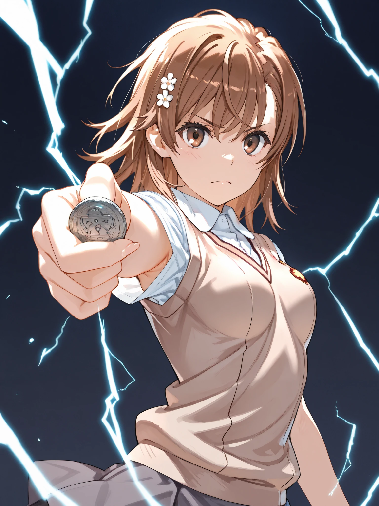 1girl ,aiming ,aiming at viewer ,armpit peek ,breasts ,brown eyes ,brown hair ,brown sweater vest ,coin ,cowboy shot ,electricity ,electrokinesis ,emblem ,holding ,holding coin ,incoming attack ,medium hair ,outstretched arm ,psychic ,railgun (misaka mikoto) ,school emblem ,school uniform ,medium breasts ,summer uniform ,sweater vest ,tokiwadai school uniform ,simple background ,masterpiece, best quality, ultra detailed ,