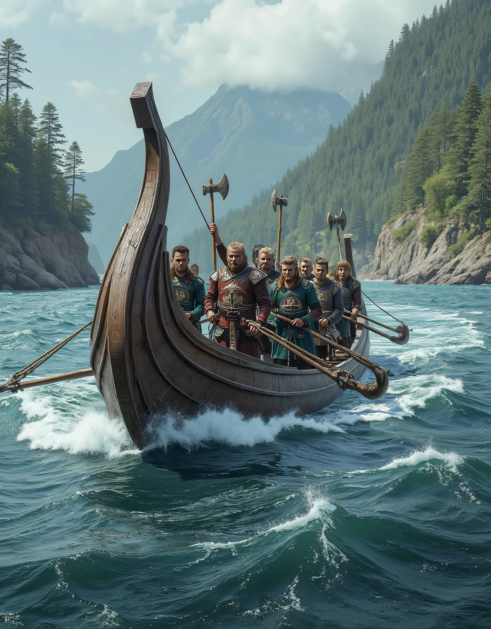 **Prompt:** Design a breathtakingly detailed landscape scene depicting Viking sailors navy units navigating the long wooden war boat on the tumultuous waters of the medieval North deep forest and on river. Showcase hyper-realism in the composition, featuring a long size Viking long dragon wooden war boat slicing through crashing river waves. Capture the action from a panoramic ultra-wide angle to fully immerse the viewer in the dramatic, fjord environment. Illustrate the Viking navy raiders in elaborate, historically-accurate armor, standing in organized battle formation, with intricately crafted battle axes raised in readiness for the impending conflict. Focus on dynamic leading lines within the composition that draw the viewer's gaze across the scene, accentuated by a rich UHD color palette that creates an atmospheric contrast between the roiling river and the warriors. Pay particular attention to the anatomy of the sailors, highlighting the strength and resolve in their hands as they prepare for battle. As you zoom out, ensure the entire regiment is depicted in all its fierce glory, maintaining a depth of field that amplifies the visual impact. Utilize cutting-edge 3D CGI textures to breathe life into this depiction of Viking valor, creating a visually stunning PiratePunkAi artwork that captures the essence of an epic on water battle.