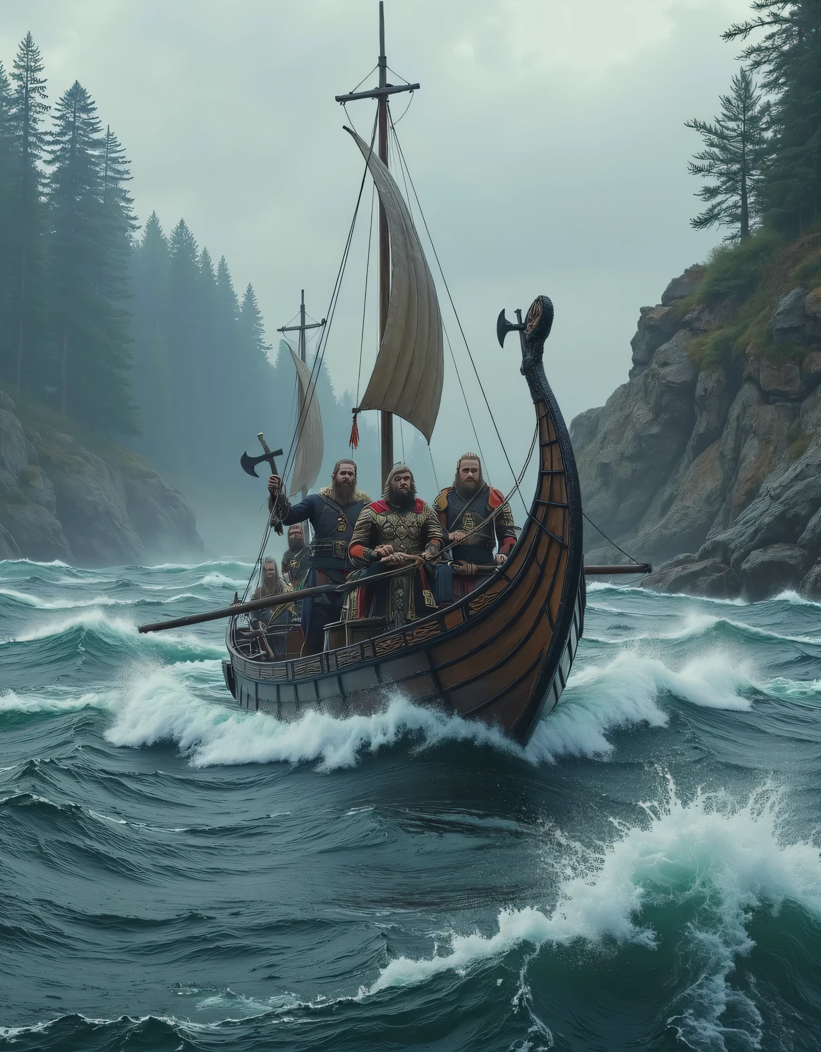 **Prompt:** Design a breathtakingly detailed landscape scene depicting Viking sailors navy units navigating the long wooden war boat on the tumultuous waters of the medieval North deep forest and on river. Showcase hyper-realism in the composition, featuring a long size Viking long dragon wooden war boat slicing through crashing river waves. Capture the action from a panoramic ultra-wide angle to fully immerse the viewer in the dramatic, fjord environment. Illustrate the Viking navy raiders in elaborate, historically-accurate armor, standing in organized battle formation, with intricately crafted battle axes raised in readiness for the impending conflict. Focus on dynamic leading lines within the composition that draw the viewer's gaze across the scene, accentuated by a rich UHD color palette that creates an atmospheric contrast between the roiling river and the warriors. Pay particular attention to the anatomy of the sailors, highlighting the strength and resolve in their hands as they prepare for battle. As you zoom out, ensure the entire regiment is depicted in all its fierce glory, maintaining a depth of field that amplifies the visual impact. Utilize cutting-edge 3D CGI textures to breathe life into this depiction of Viking valor, creating a visually stunning PiratePunkAi artwork that captures the essence of an epic on water battle.
