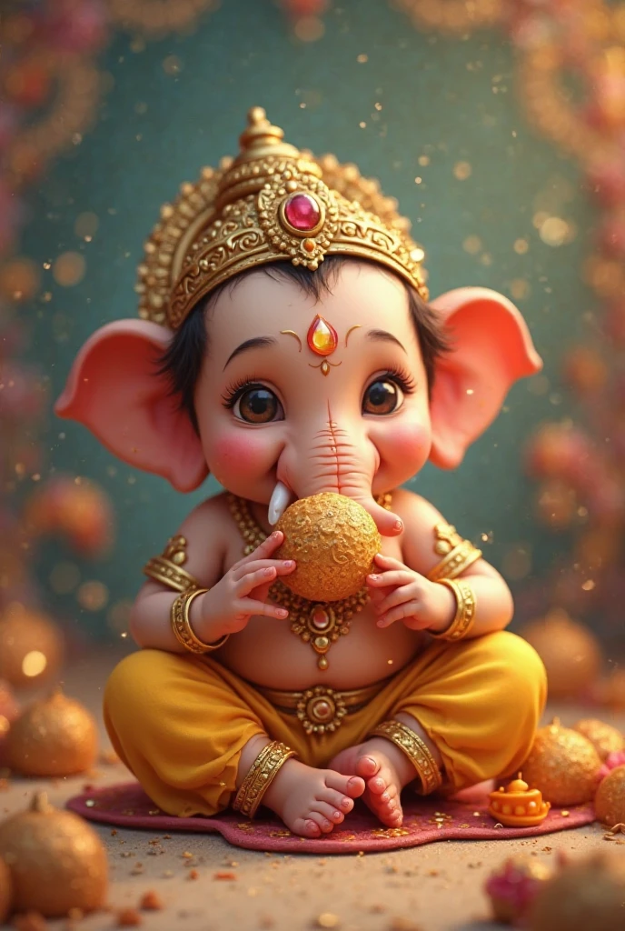 Ganesh Eating Laddus

"A young Ganesh, depicted as a small boy with an elephant head, is happily eating a large pile of colorful laddus. His round belly is visibly full as he sits cross-legged, surrounded by bright and festive decorations. The scene is joyful and vibrant, capturing Ganesh's love for sweets."








