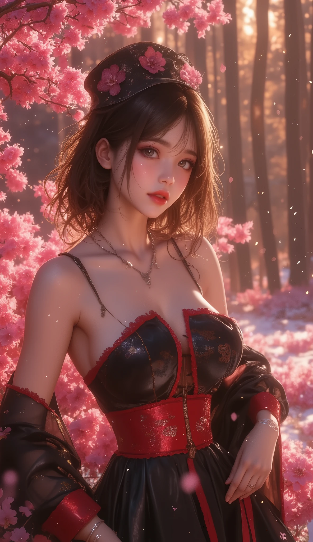 tmasterpiece, Best quality at best, 1girll, Hinata Hyuga ,High midfielders breasts,Off-the-shoulder attire,(cleavage),(upperbody closeup),Raised sexy,is shy,ssmile,with black hair, long whitr hair, (Green eyeballs:1.4), Forehead protection, the cherry trees,Cherry blossoms flying,Red clothes,Zipper half ,realisticphoto ,animerealitic, realistic , perffeck charakter , quality detail , ultra high , anime from realistic , shoflen byakugan ,1girl, Hinata Hyuga , in anime Naruto , short hair, black hair, red eyes, smile, beautiful, sexy dress, sexy clothes, red clothes, wear red glasses, very big breast, realistic clothes, detail clothes, outdoor background, ultra detail, realistic ,quality detailed ,high eyes , face realistic , full body eyes , perffect charater