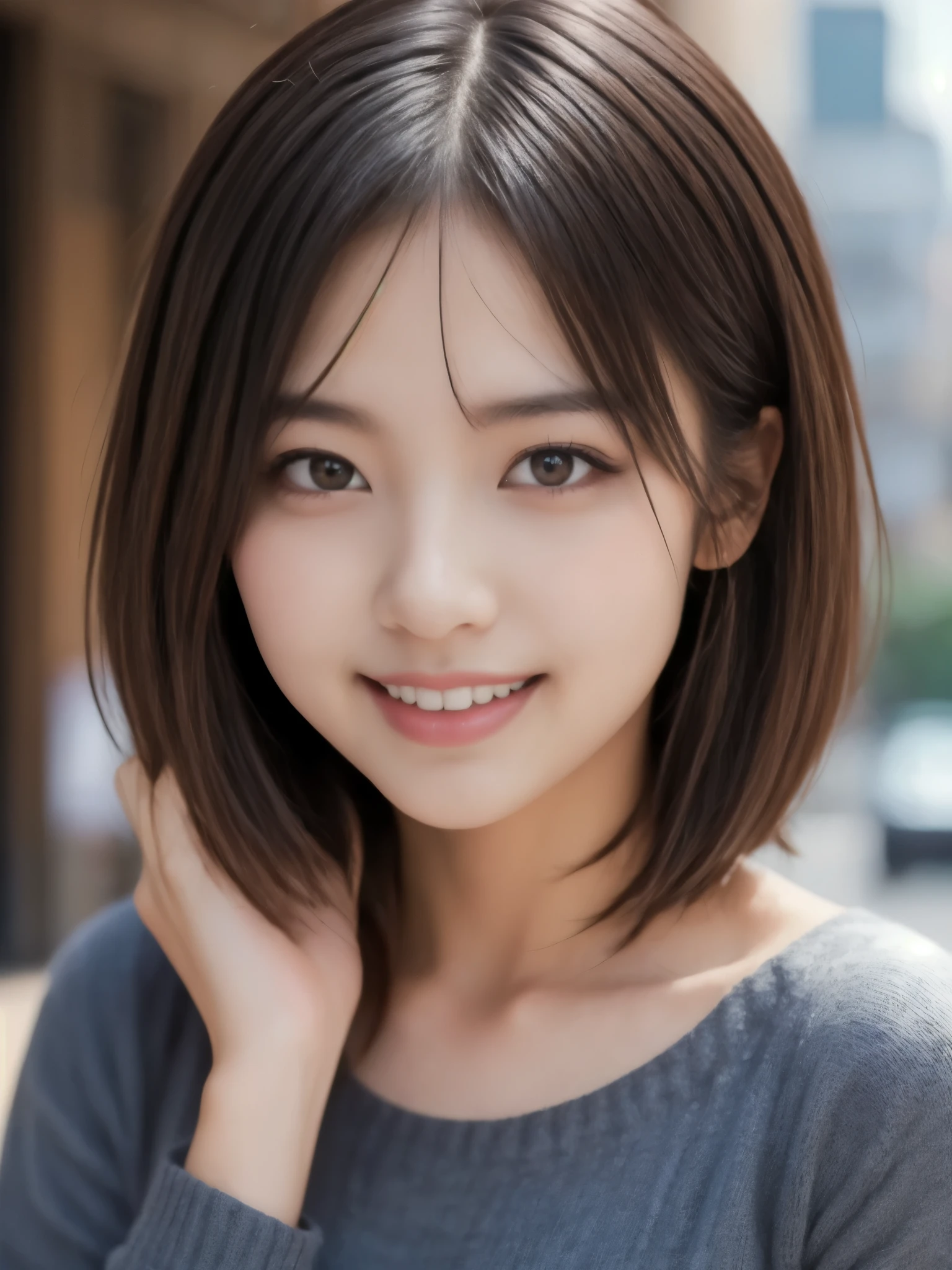 (((face close-up)))、(((brown、 shoulder length、 straight short bob )))、(((she has the New York skyline in the background、posing like a model at the beauty salon。.)))、(((casual black long-sleeved winter attire)))、 18 year old girl 、Independence、 facing forward、Bright eye makeup、Brown Hair Color、 flat at honny、hair fluttering in the wind、Quality of actress、shiny、 Ultra Realistic Faces、smile、 teary eyes in the store、 looks up、 Subtle Lighting Effects 、super realistic capture、very detailed、high-resolution 16K human skin close-up。 the texture of the skin must be natural, 、details must be clear enough to identify pores、The skin must be healthy, 、must be uniformly toned、 using natural light and color 、classic high quality images taken by a modeling agency 'exclusive photographer、smile