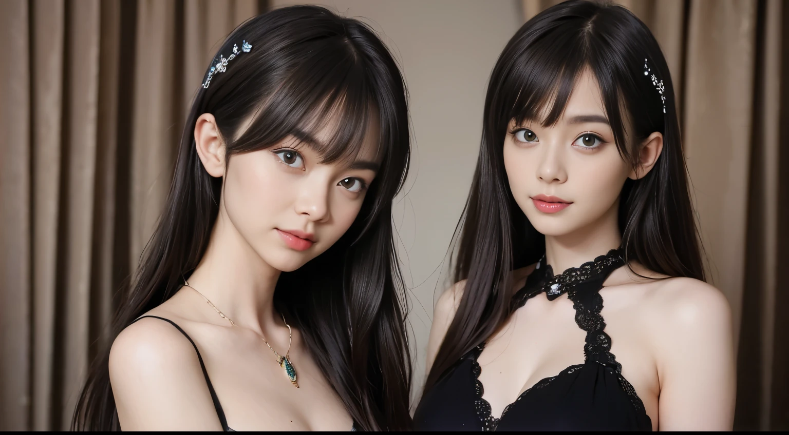 Masterpiece, best picture quality, high quality, beautiful woman, Japanese, popular Korean makeup, detailed, swollen eyes, detailed eyes, detailed skin, beautiful skin, ultra high resolution, (reality: 1.4),very beautiful, slightly younger face, beautiful skin, slender, (ultra realistic), (illustration), (high resolution), (8K), (very detailed) (best illustration), (beautifully detailed eyes), (super detailed), (wallpaper), (detailed face), looking at viewer, fine detail, detailed face, pureerosfaceace_v1, smiling, looking straight ahead, looking straight ahead, angle from waist up, realistic photo, bright lighting, professional lighting, black hair (some green), long hair, dark ruins, big red moon, gorgeous red and black dress, mature woman, long stylish bangs,