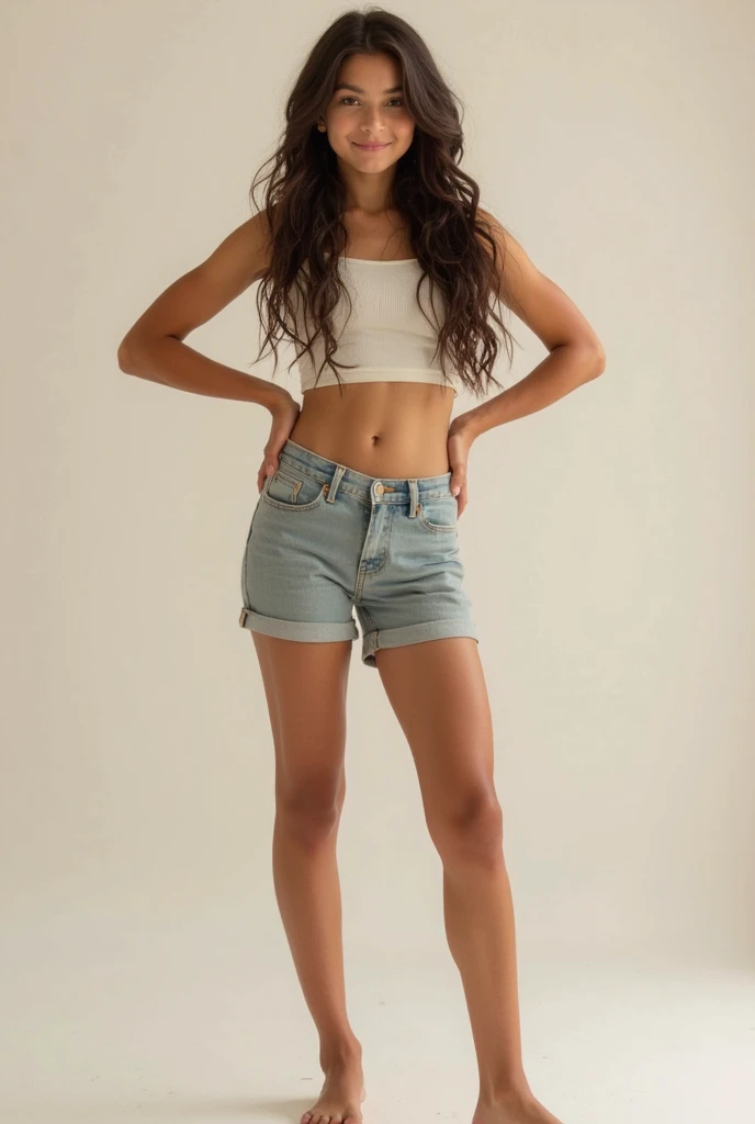 arafed woman in a white shirt and blue shorts is standing on a skateboard, fashion color studio lighting, fashion shoot 8k, cyborg fashion model, cyborg fashion shot, full shot fashion photography, 4k fashion shoot, fashion model photography, fashwave, fashion model pose, editorial fashion photography, model standing pose, modeling photography, fashion pose, fashion editorial photography