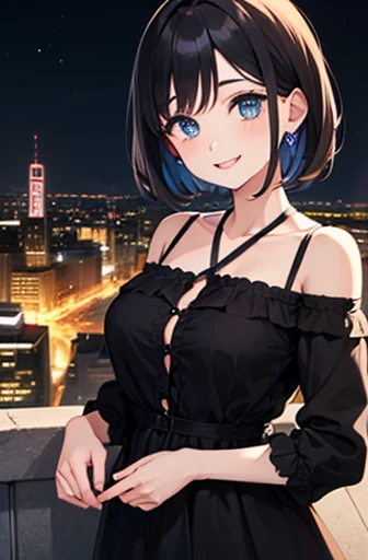 Highest quality、Cinema Lighting、girl、Camisole dress、balcony、Cityscape on background、Black Hair、Embarrassing、smile、Daytime、Black Hairロングヘアー。Big Breasts