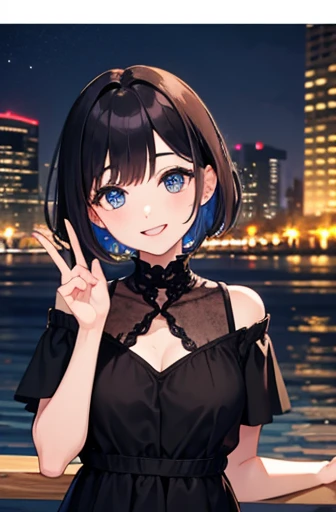 (halfbody shot,street lamps,moon),Masterpiece, 1girl, solo exhibition, beautiful woman on the bustling street, surrounded by hawkers, beautiful goddess girl portrait, beautiful and detailed face, porcelain skin, (((bust shot, center, night, black hair, short hair)), super soft lighting, symmetry, complexity, elegance, high detail, realism, art, concept art,