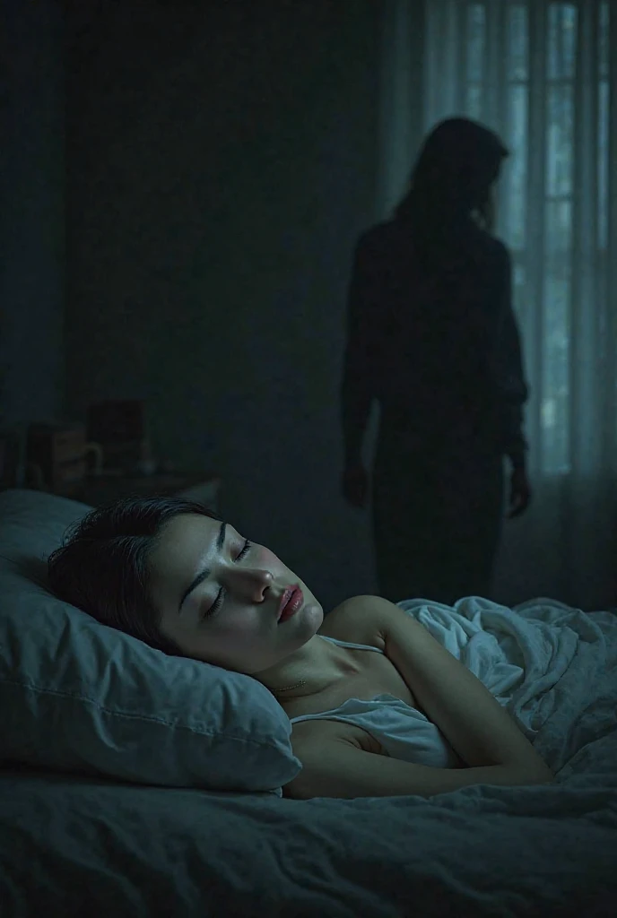 A blonde woman while sleeping sees the shadow of a man smiling evilly
