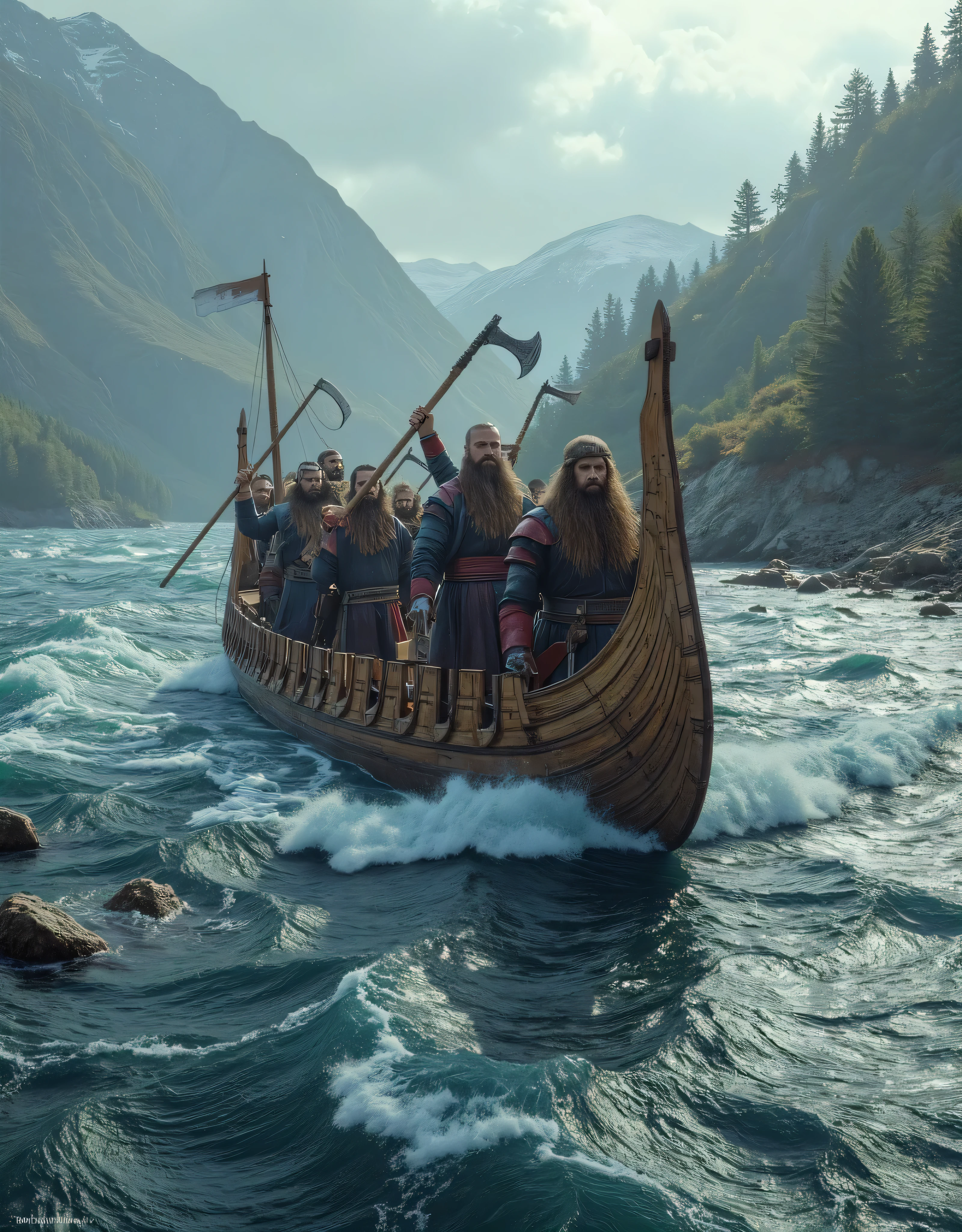 **Prompt:** Design a breathtakingly detailed landscape scene depicting Viking sailors navy units navigating the long wooden war boat on the tumultuous waters of the medieval North deep forest and on small river. Showcase hyper-realism in the composition, featuring a long size Viking long dragon wooden war boat slicing through crashing river waves. Capture the action from a panoramic ultra-wide angle to fully immerse the viewer in the dramatic, fjord environment. Illustrate the Viking navy raiders in elaborate, historically-accurate armor, standing in organized battle formation, with intricately crafted battle axes raised in readiness for the impending conflict. Focus on dynamic leading lines within the composition that draw the viewer's gaze across the scene, accentuated by a rich UHD color palette that creates an atmospheric contrast between the roiling river and the warriors. Pay particular attention to the anatomy of the sailors, highlighting the strength and resolve in their hands as they prepare for battle. As you zoom out, ensure the entire regiment is depicted in all its fierce glory, maintaining a depth of field that amplifies the visual impact. Utilize cutting-edge 3D CGI textures to breathe life into this depiction of Viking valor, creating a visually stunning PiratePunkAi artwork that captures the essence of an epic on water battle.