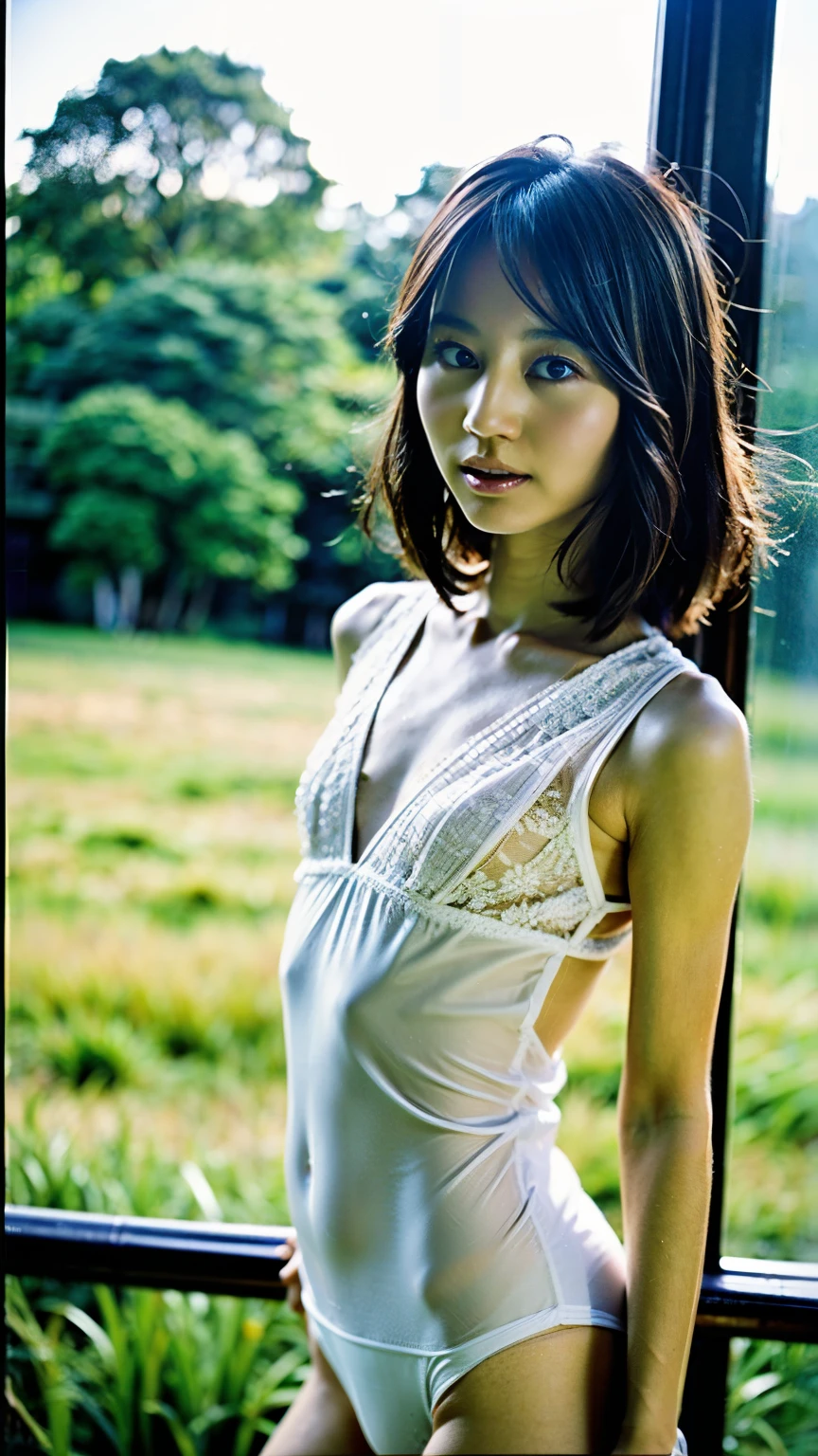 Shot with Leica, analog, , ( artistic light leak:1.4), lens flare:1.4、Style Row , cinematic lights , Lomography 、nsfw:, detailed skin, natural skin texture , eye focus 、 1 person、 cute Japanese idol hiding her chest with both hands 、High school idol 、Japanese sexy model cute girls on the left、 girls on the left、 Jep Niddle 、slender, (small breasts:1.6)、( 非常にsmall breasts:1.6)、( flat chest:1.6)、(saggy breasts:1.4)、Separated Breasts 、 opens his chest、( white pixie cut :1.2), model pose , ((full lace bodysuit))、 (( transparent bodysuit for viewers))、Sunset Coast、Slingshot bra、(( super high legs ))、