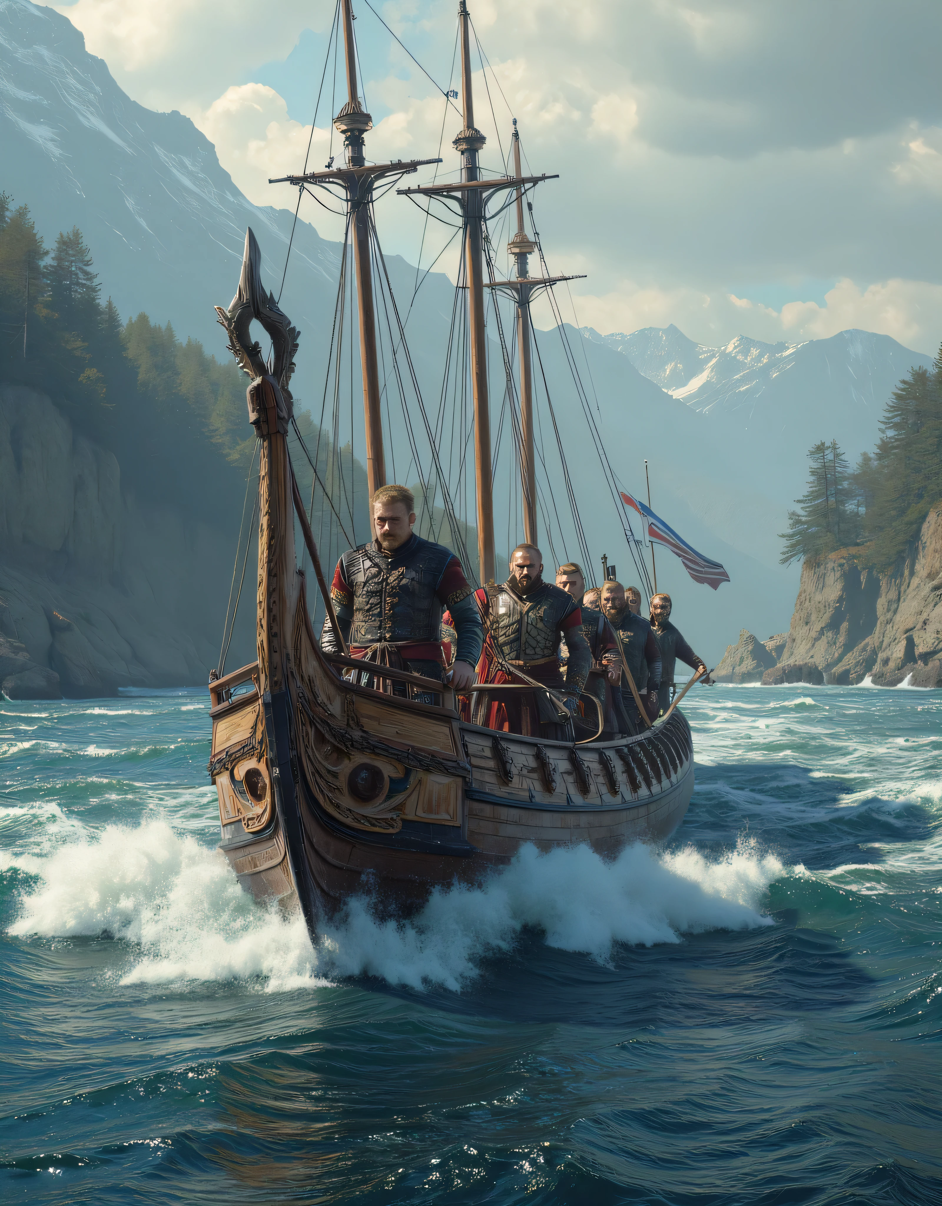 **Prompt:** Design a breathtakingly detailed landscape scene depicting Viking sailors navy units navigating the long wooden war boat on the tumultuous waters of the medieval North deep forest and on river. Showcase hyper-realism in the composition, featuring a long size Viking long dragon wooden war boat slicing through crashing river waves. Capture the action from a panoramic ultra-wide angle to fully immerse the viewer in the dramatic, fjord environment. Illustrate the Viking navy raiders in elaborate, historically-accurate armor, standing in organized battle formation, with intricately crafted battle axes raised in readiness for the impending conflict. Focus on dynamic leading lines within the composition that draw the viewer's gaze across the scene, accentuated by a rich UHD color palette that creates an atmospheric contrast between the roiling river and the warriors. Pay particular attention to the anatomy of the sailors, highlighting the strength and resolve in their hands as they prepare for battle. As you zoom out, ensure the entire regiment is depicted in all its fierce glory, maintaining a depth of field that amplifies the visual impact. Utilize cutting-edge 3D CGI textures to breathe life into this depiction of Viking valor, creating a visually stunning PiratePunkAi artwork that captures the essence of an epic on water battle.
