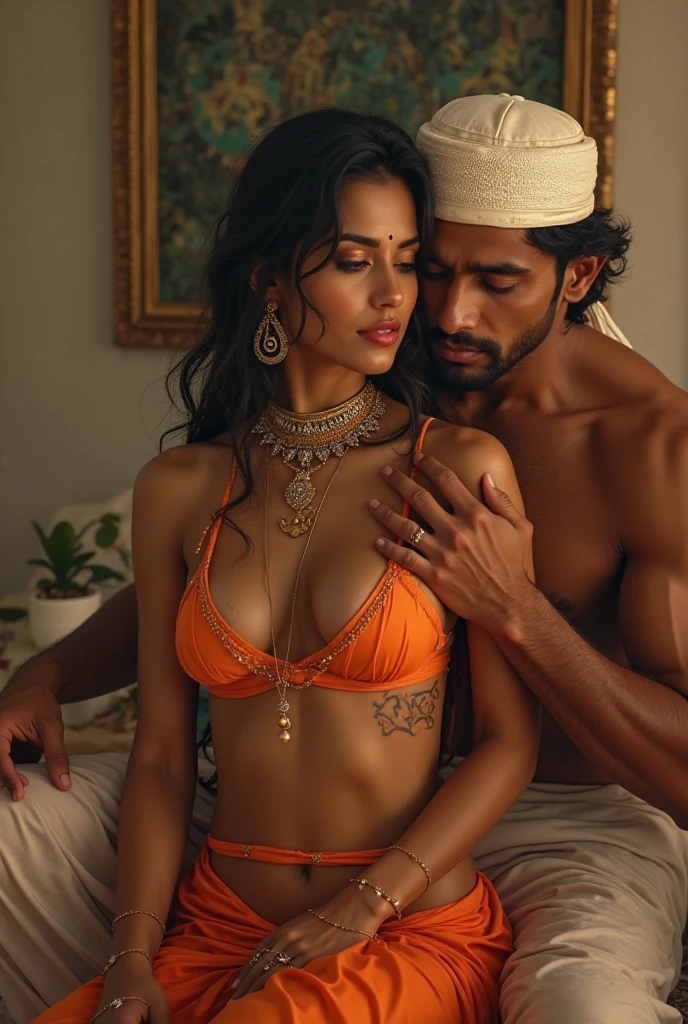 A poor muslim man is smooching a beautiful girl in a Hindu get up in bedroom