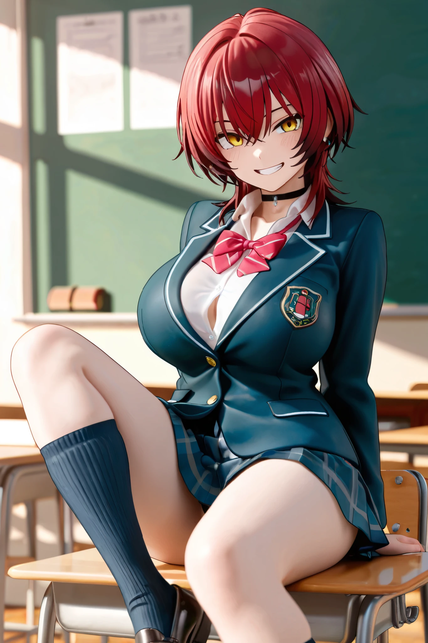 astolfo, Beautiful and slim perfect body, really spiky messy hair, short pink hair ,lock of white hair on left side, happy, smiling, blushing, thick lips, full lips, flat chest, Pectorals, not breasts, very thin body, open button-up shirt, shirt tied pectorals, midriff, choker, tiny micro pleated miniskirt, skirt barely covering panties, small bulge, thigh high stockings, high heeled sandals, perfect anatomy, classroom background, ultra-detailed, 4k, 8k, best quality, masterpiece, model, modeling, posing for camera, detailed background, (lenceria de encaje, translúcido), (medias de encaje), cuerpo completo, centrarse en las piernas, manos perfectas, maquillaje cachondo,