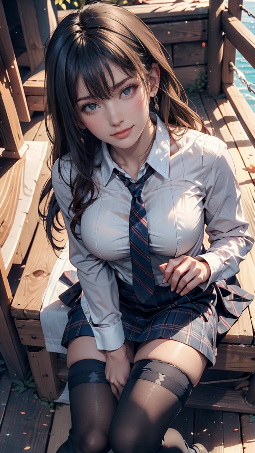 Realistic, High resolution, Soft Light,1 female, alone, jewelry, Current school classroom,Biggest eyes,Low chest, Long Hair、((Farbe々Farbeのついた髪))(超Realistic)、(Awareness-raising)、(High resolution)、(8k)、(Very used to it)、(Best illustrations)、(Beautiful and beautiful eyes)、(highest quality),(Detailed face)、alone、1 girl、Looking at the audience、Get used to it、Detailed face、In the dark night、Deep Shadow、secret key、Pure erotic face ace_、length、Black shawl straight hair、46 point diagonal bangs,Female student、(White Blazer、Chest Emblem)、Translucent white blouse、Red bow tie、( 明るいFarbeで,Plaid)、,8k, highest quality, 超High resolution, Tabletop, Realistic, Realistic, High Contrast, Photon Mapping, The real picture, smile